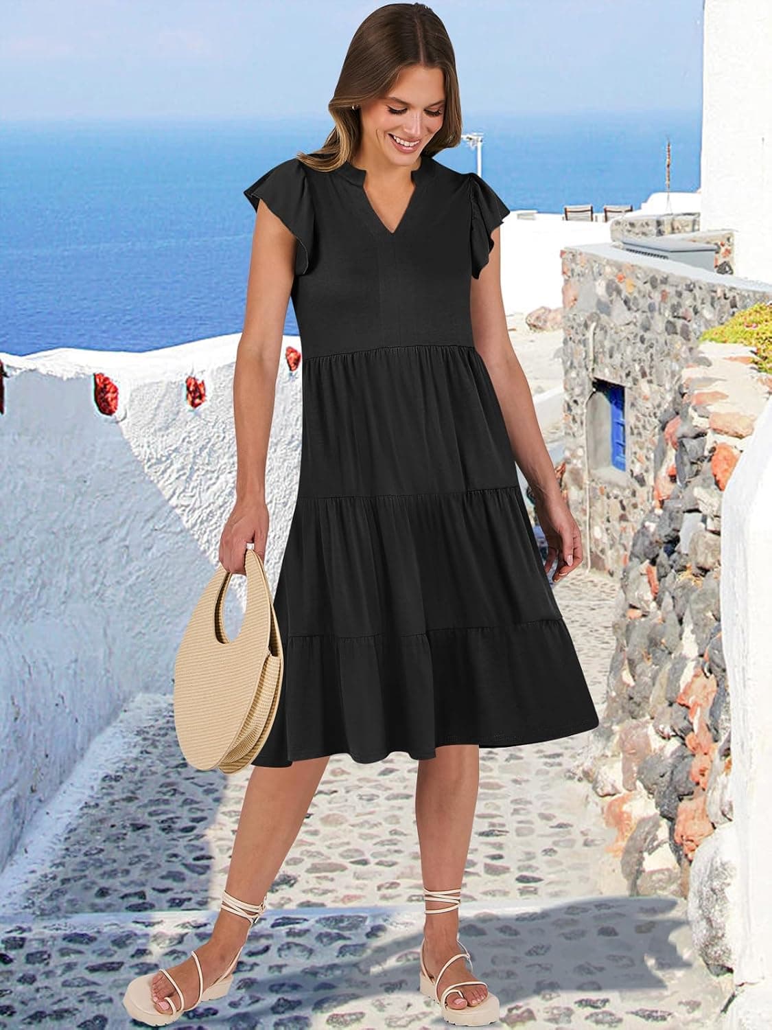 ANRABESS Womens Summer Dress Ruffle Sleeve V Neck Midi Dresses Fashion Casual Fit Flowy Tiered Boho Beach Vacation Sundress Black Medium - Image 6