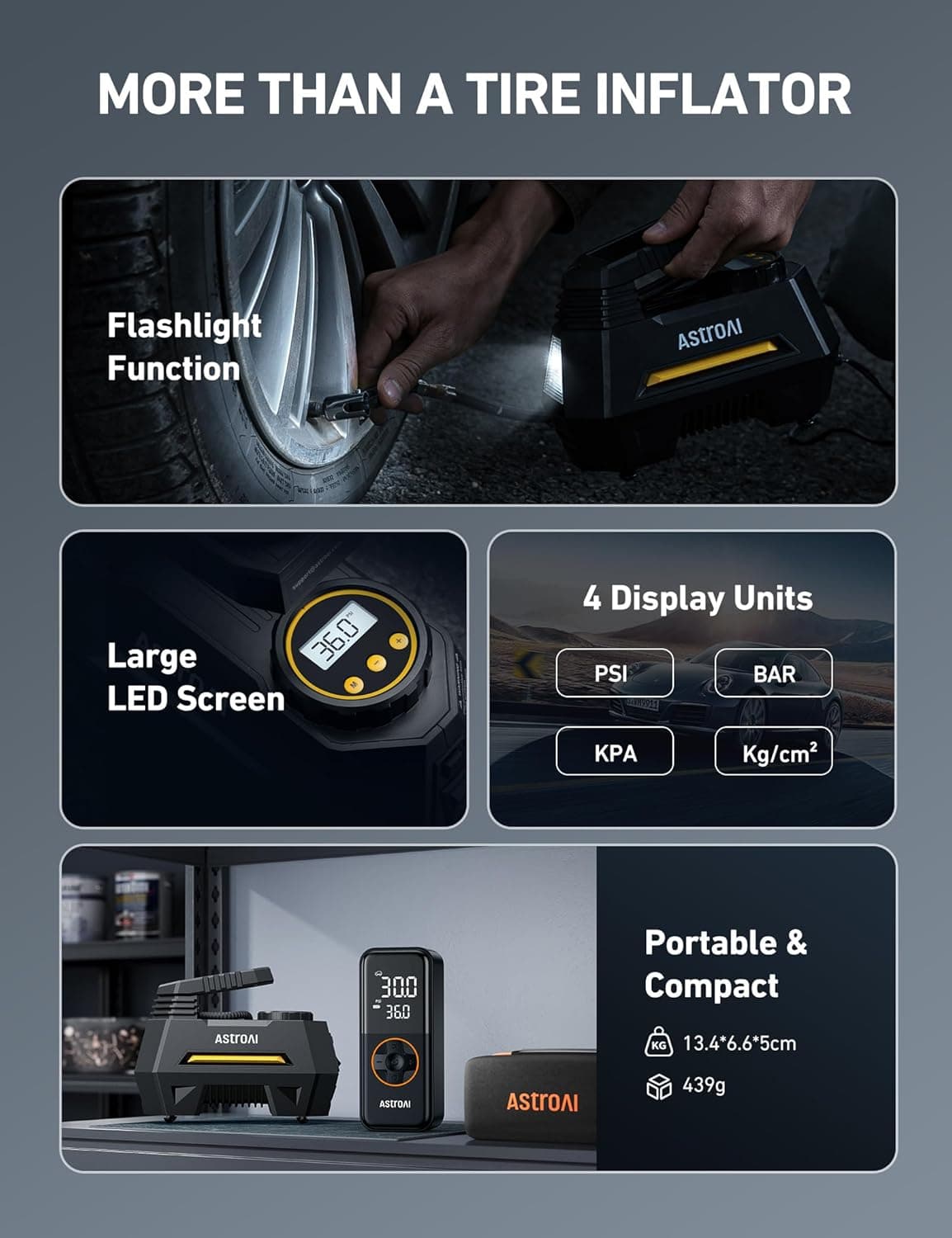 AstroAI Tire Inflator Portable Air Compressor Air Pump for Car Tires-Car Accessories, 9.8Ft Cord-12V DC-Powered Auto Pump with Digital Pressure Gauge, Emergency LED Light for Bicycle, Balloons, Yellow Yellow Large - Image 8