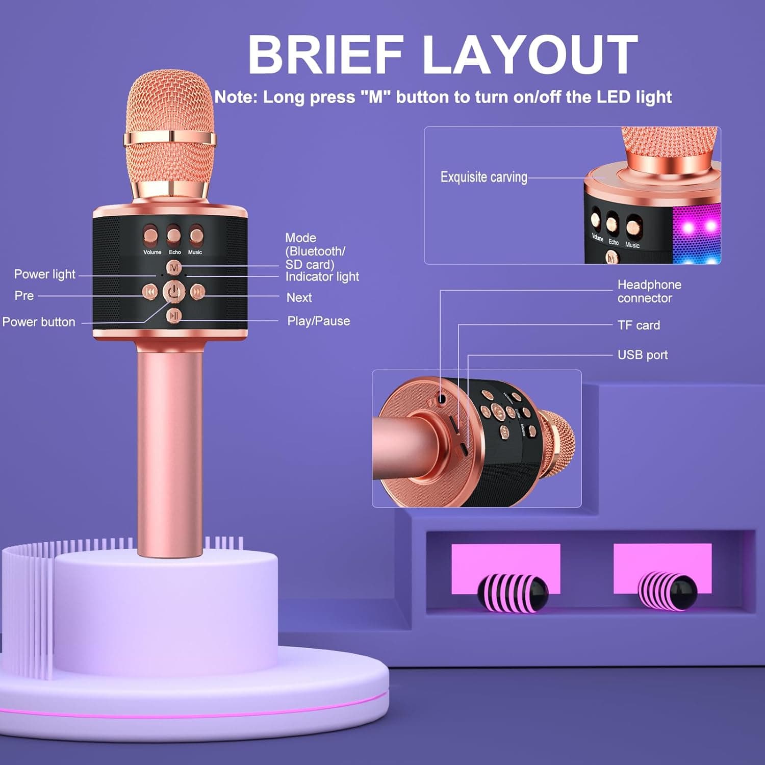 BONAOK Karaoke Microphone for Kids & Adults - Bluetooth Microphones Singing Mic with Disco Lights, Echo Effect, Built-in Speaker Portable Karaoke Player for Party Travel Gifts Q78(Rose Gold) - Image 5