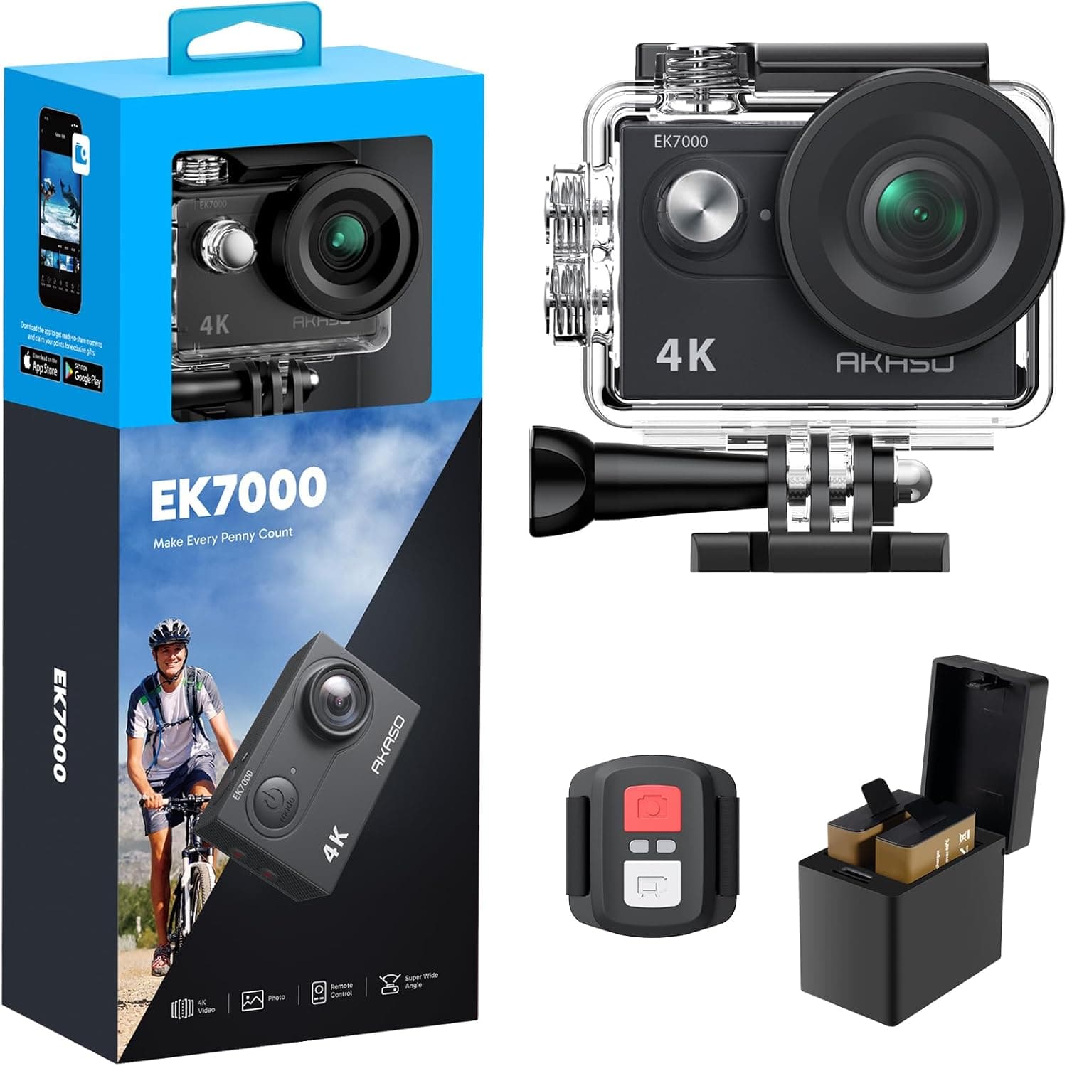 AKASO EK7000 4K30FPS 20MP WiFi Action Camera with EIS Ultra HD 131FT Waterproof Underwater Camera Remote Control 4X Zoom Support External Microphone Black - Image 2