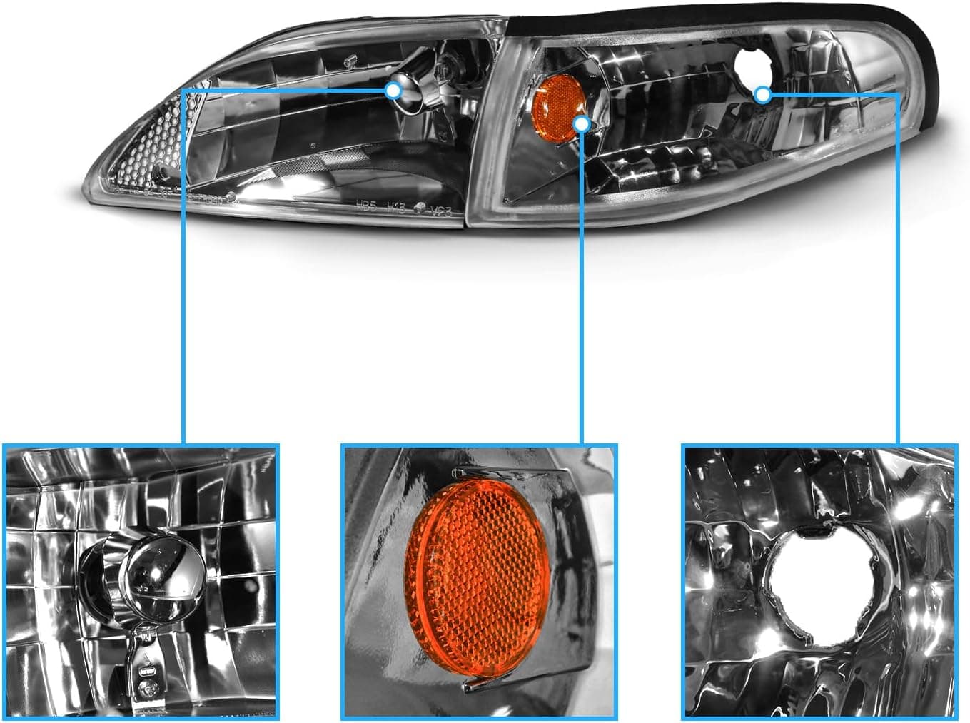 AmeriLite for 1994-1998 Ford Mustang Gun-Metal Replacement Headlights Corner Turn Signal Set - Passenger and Driver Side Gun Metal - Image 4