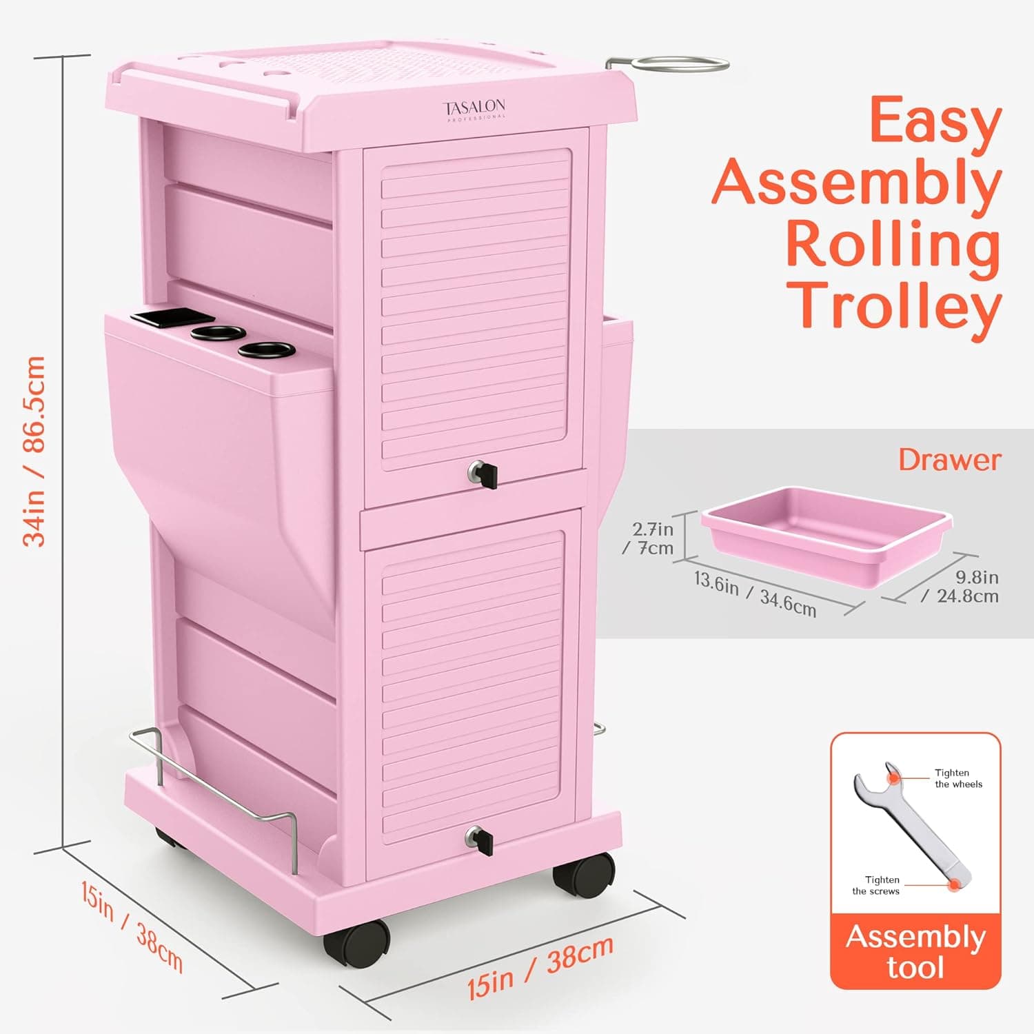 TASALON Professional Salon Trolley Cart, Lockable 6 Trays & 2 Holders, Space Saving Mobile Storage for Hair Salon and Beauty Station​ - Pink - Image 6
