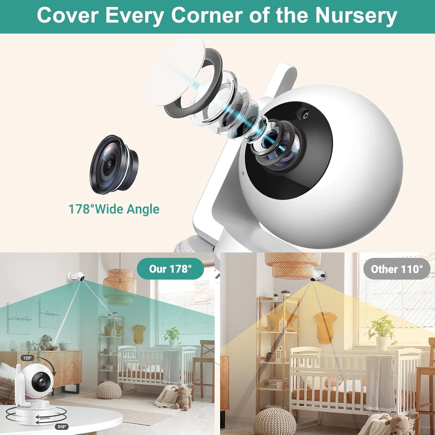Blemil 6" Baby Monitor with 2 Cameras 4000mAh Battery Upgrade Split Screen Video Baby Monitor No WiFi Remote Pan-Tilt-Zoom Auto-Night Vision 150 Languages ECO Mode 2-Way Talk 1000FT (Ideal Condition) BL9064-2 - Image 4