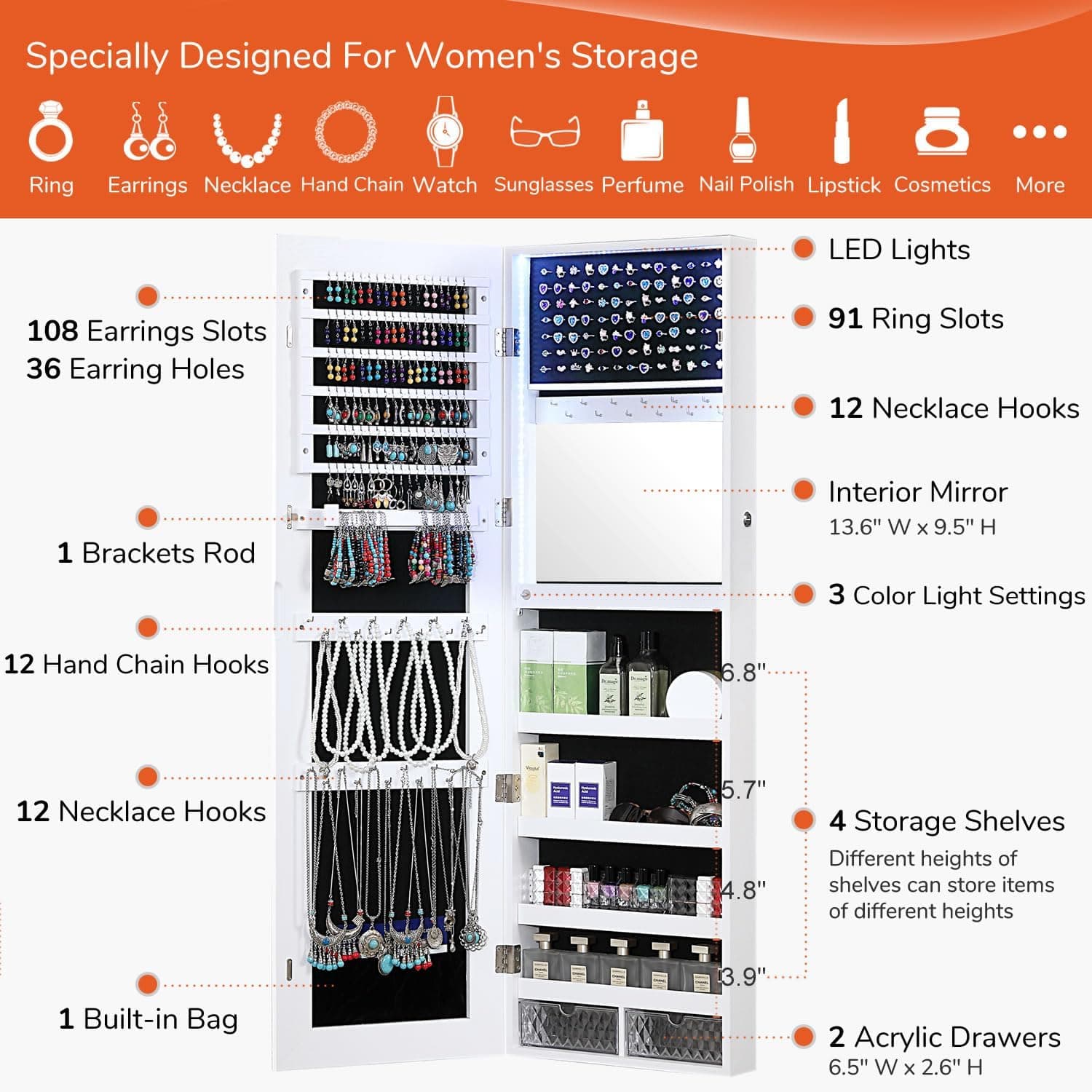 GISSAR Mirror Jewelry Cabinet, LED Lights Wall Mount Door Hanging Full Length Jewelry Organizer Armoire with Built-in Makeup Mirror and Jewelry Storage, Large Capacity Lockable Jewelry Armoire, White - Image 5