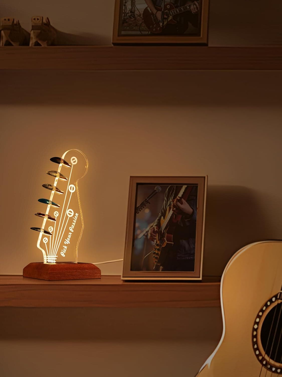 Light Up Guitar Pick Holder, Electric Guitar Headstock Shaped Acrylic & Wooden USB Powered Display Case - Guitar Accessories Gift for Players/Men (Picks Storage Organizer) - Image 3