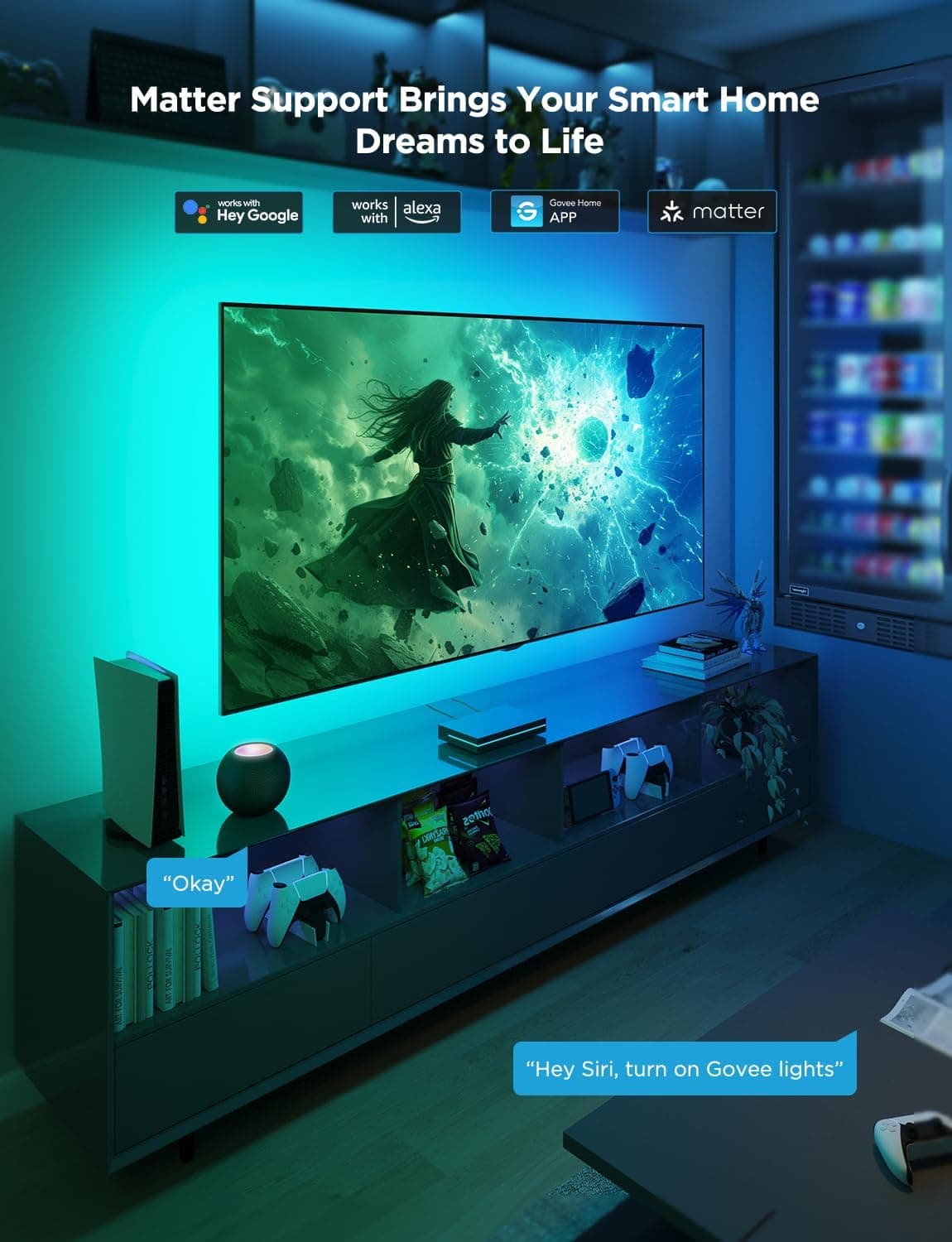 Govee HDMI 2.1 Sync Box 2, AI Sync Box with TV Backlight, Supports 8K@60Hz, 4K@144Hz, VRR and ALLM, Works with Matter and Alexa, RGBIC LED Light Strip for 75-85 inch TVs, 75 LEDs/m 16.3FT for 75"-85" TV - Image 8