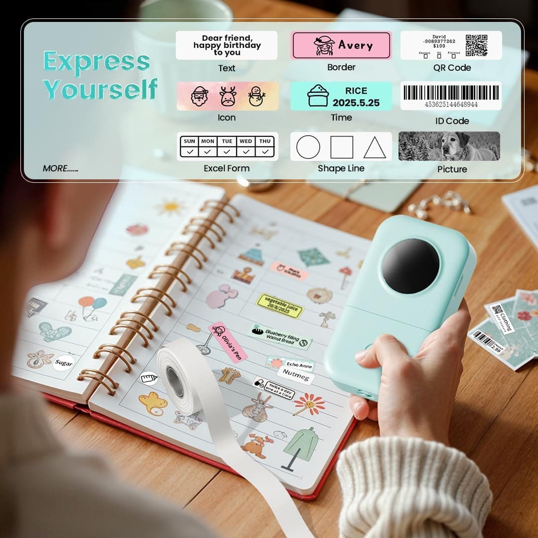 Phomemo Label Maker Machine with Tape, D30 Portable Mini Label Printer, Small Bluetooth Label Makers Handheld Thermal Sticker, Multiple Templates Fonts Icon Custom Name Label for Home Kids, School Green Machine + 1 Label Tape - Image 3
