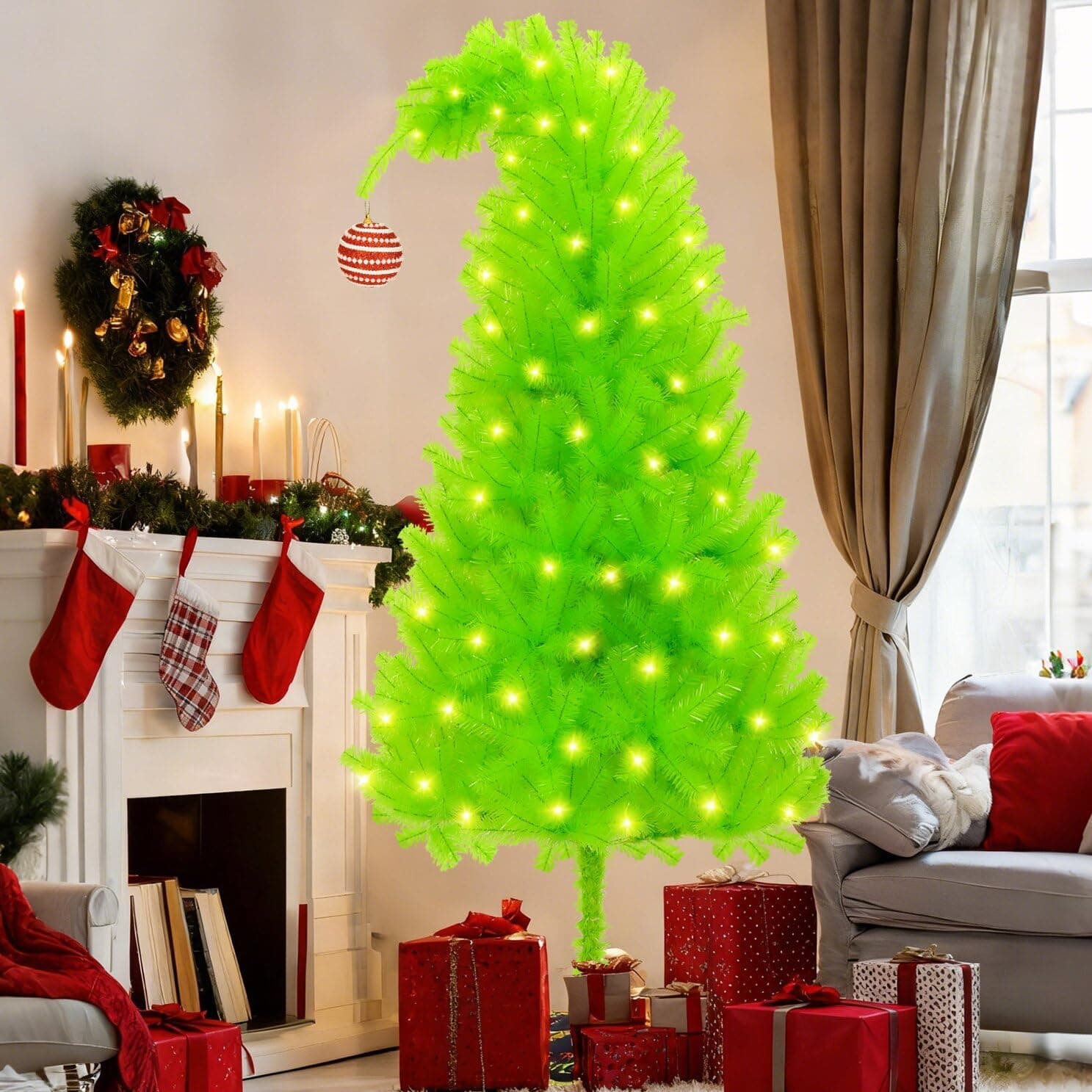 6 FT Grinchie​ Christmas Tree, Top Curved 6ft Upright 7ft Lime Green Xmas Tree with Tree Skirt, Easy Setup Whimsical Artificial Christmas Tree for Christmas Decorations - Image 2