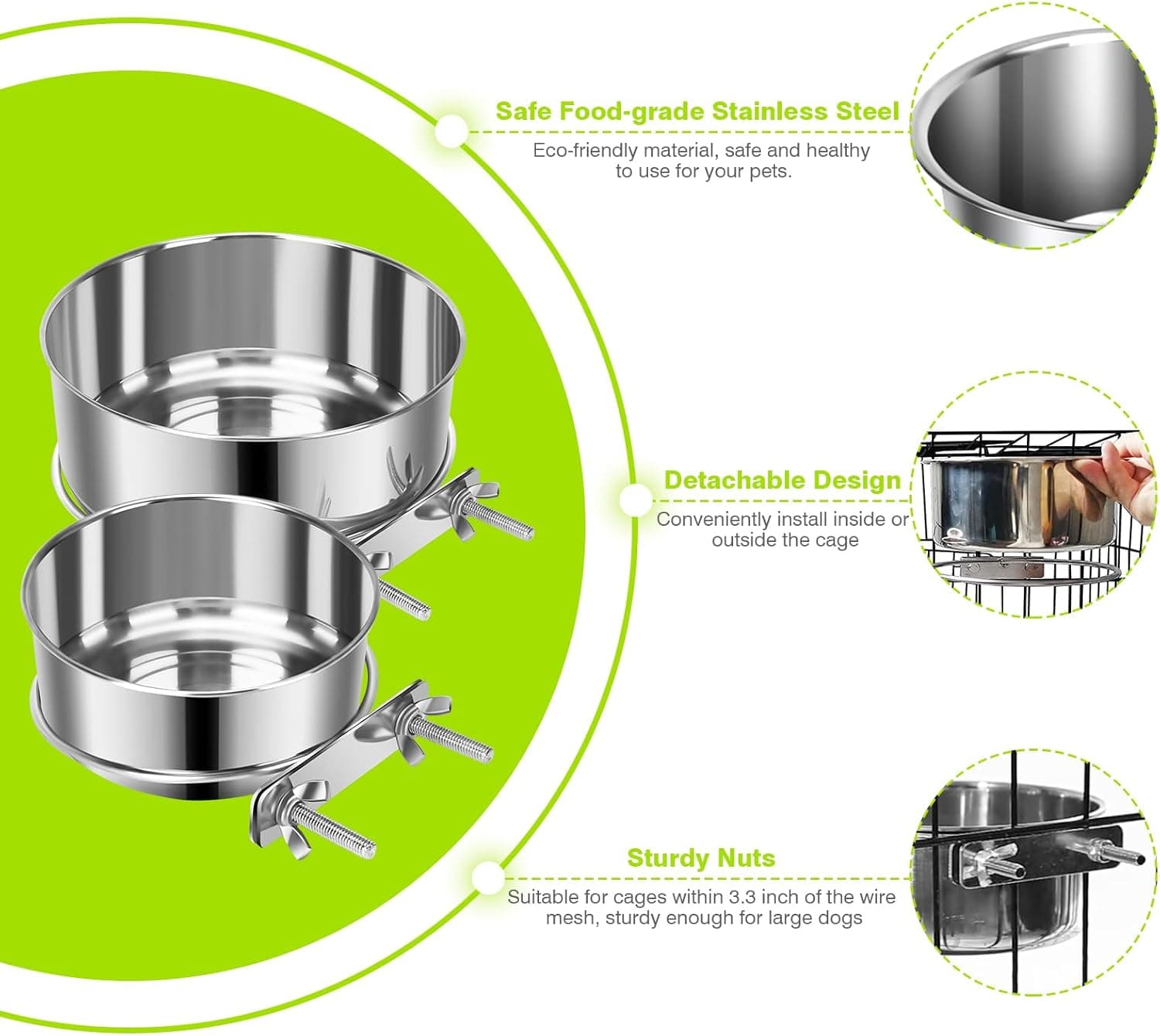 2 Pcs Small Pet Dog Food Water Bowl for Cage Stainless Steel Non-Spill Kennel Hanging Cats Pets Bowls with Clamp Holder Crate Feeder Dish for Small Dogs Pets (4.7x1.9'' & 3.9x1.7'') XS (19 & 12 OZ) Silver - Image 6