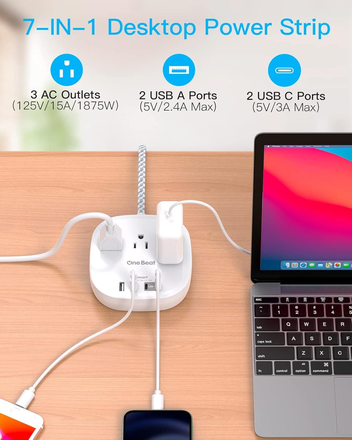 Flat Plug Power Strip, 6ft Ultra Flat Extension Cord - 3 Outlets 4 USB Ports (2 USB C) 22.5W/4.5A Desktop Charging Station, Power Strip No Surge Protection for Cruise Ship, Dorm Room Travel Essentials 6 FT White - Image 4