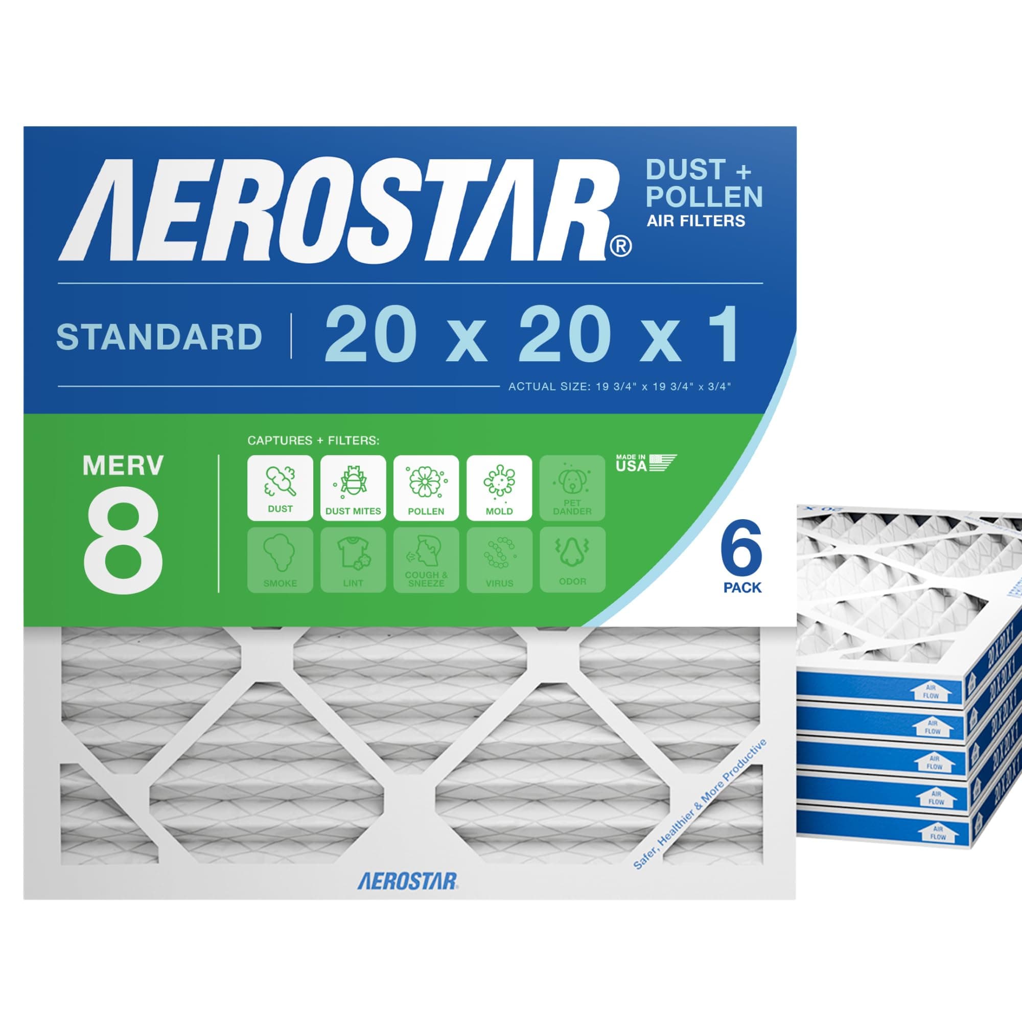 Aerostar 20x20x1 MERV 8 Air Filter, 6 Count, ACTUAL SIZE (19.75 x 19.75 x 0.75), HVAC, Air Conditioning & Furnace Filter Captures Dust, Lint & Pollen (MPR 600 / FPR 5), Made in USA 6 PACK MERV 8 Standard