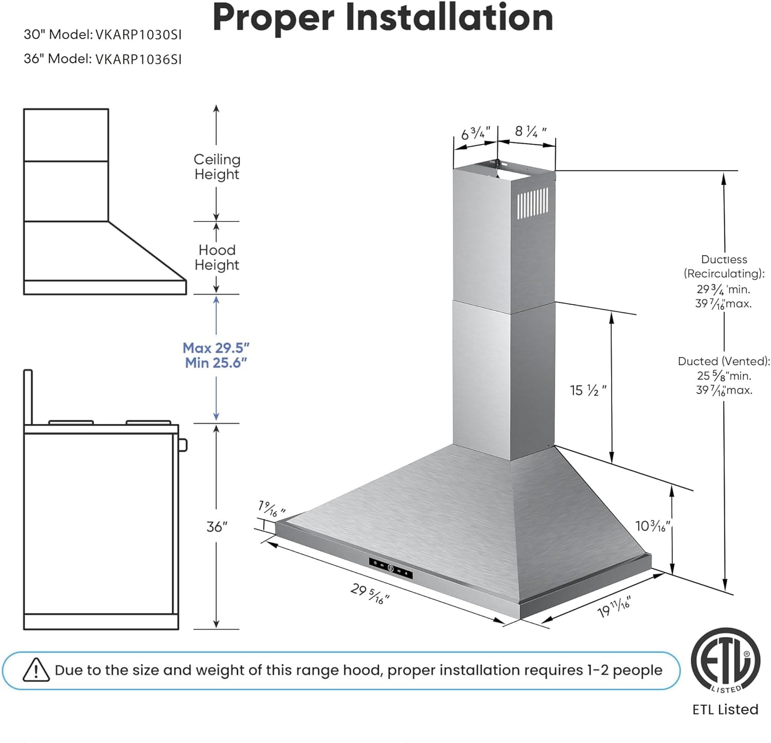 Wall Mount Range Hood 30 inch, 580 CFM, Ducted/Ductless Convertible, Stainless Steel Kitchen Vent Hood with 3-Speed Fan and LED Lights 30 inch Stainless steel(RP10) - Image 8