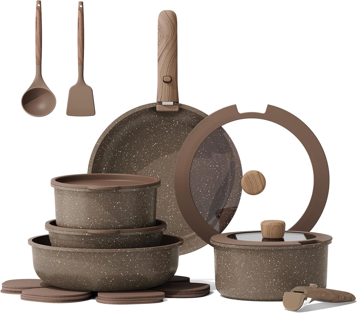 CAROTE 17PCS Pots and Pans Set Non Stick with Detachable Handle, Nonstick Cookware Sets, Cooking Kitchen Set, Oven/Dishwasher Safe, Induction Cookware, Brown, RV Kitchen Pot and Pan - Image 2