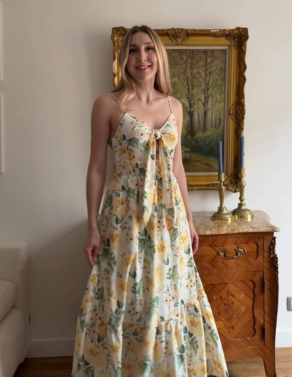 GRACE KARIN Women's 2025 Summer Maxi Dress Floral Tie Front Spaghetti Strap Casual Boho Beach Flowy Sundress with Pockets Large White Yellow Flowers - Image 9