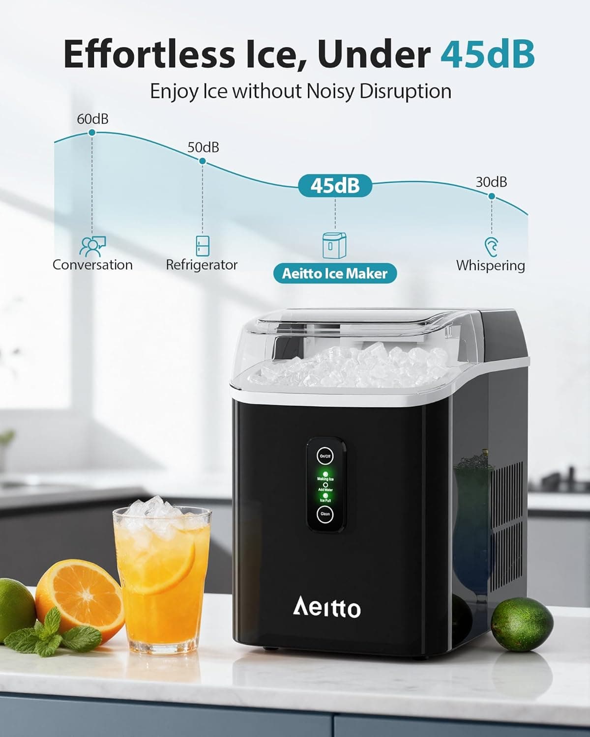Aeitto Nugget Ice Maker Countertop, 42lbs/24H Ice Machine with 1.5L Water Tank, Rapid Ice Release in 6 Mins, Self-Cleaning Pebble Ice Maker with Basket and Scoop for Home Office RV and Party, Black - Image 5