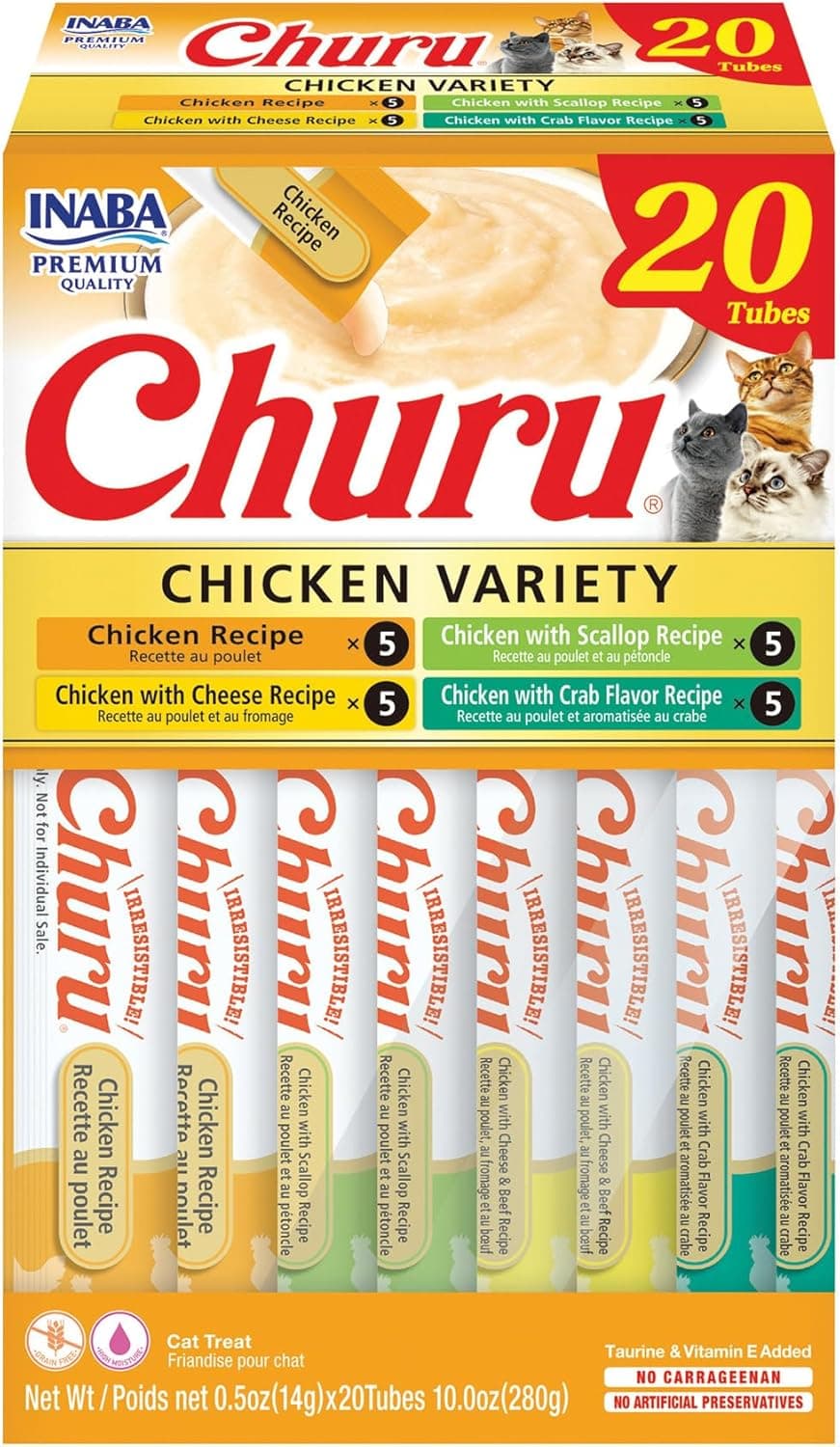INABA Churu Cat Treats, Lickable, Squeezable Creamy Purée Cat Treat with Green Tea Extract & Taurine, 0.5 Ounces Each Tube, 20 Tubes, Chicken Variety Box Chicken Variety 0.5 Ounce (Pack of 20) - Image 2