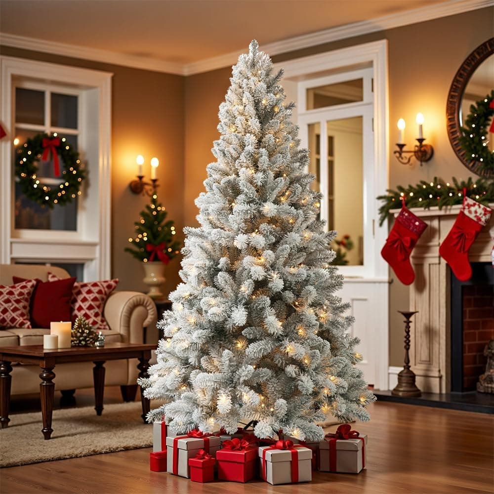 Prelit Christmas Tree With Lights 6ft - Premium Snow Flocked Artificial Xmas Tree, With 874 Branch Tips and 250 Warm Lightsm, Support Automatique,Perfect Choice for Christmas Decorations,White - Image 7