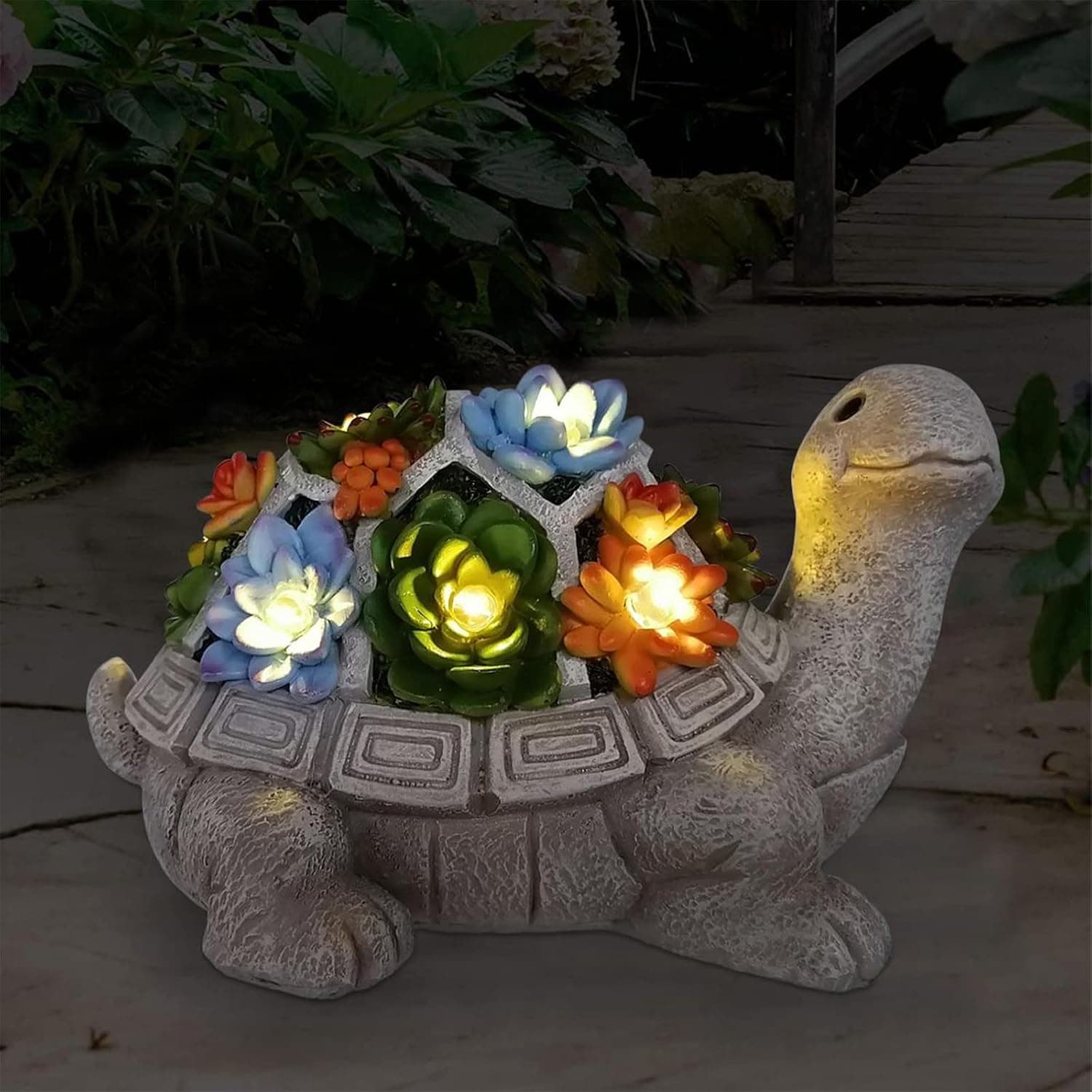 Nacome Solar Garden Outdoor Statues Turtle with Succulent and 7 LED Lights - Lawn Decor Tortoise Statue for Patio, Balcony, Yard Ornament - Chrismtas Gifts for Mom Grandma Grey Turtle - Image 2