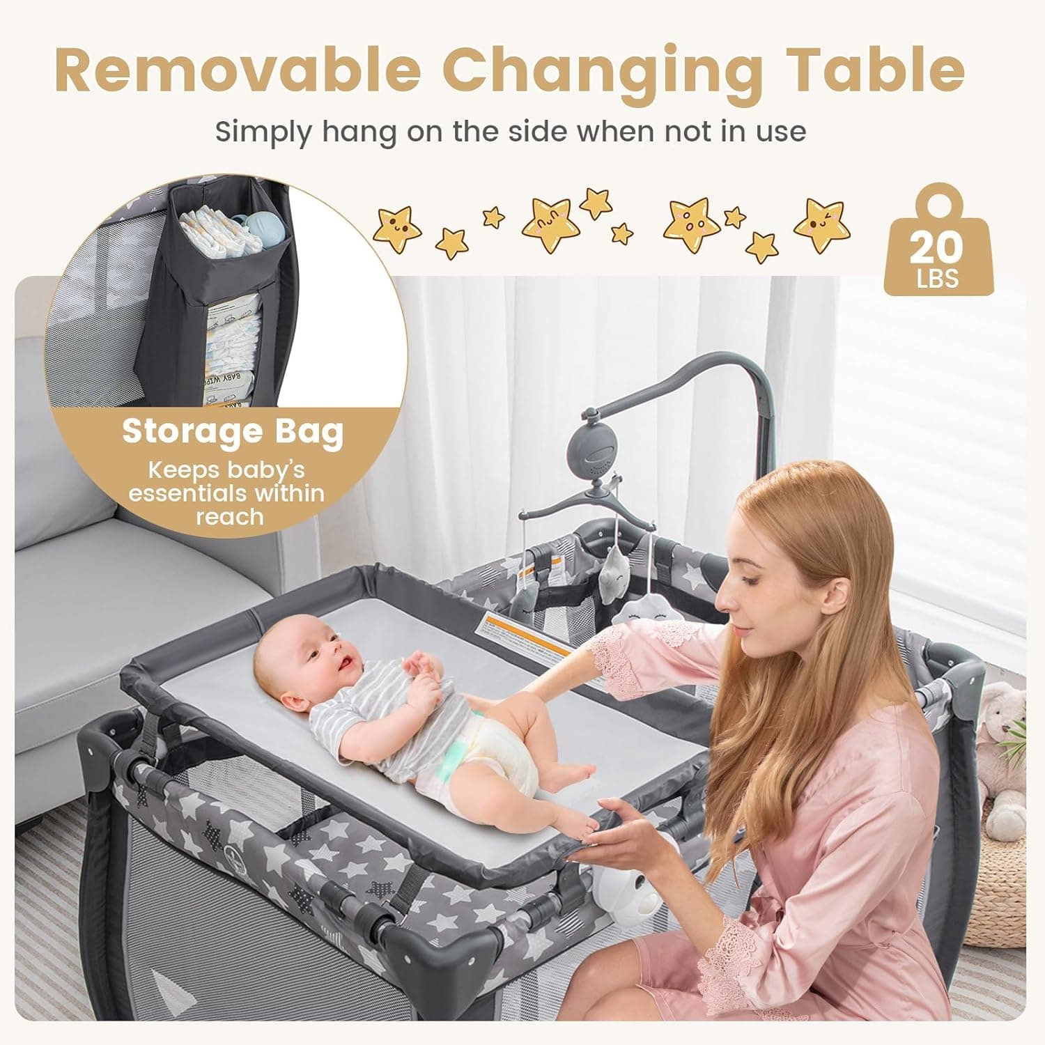 Costzon 3 in 1 Pack and Play with Bassinet, Portable Baby Playard with Changing Table, Music Box, Whirling Toys, Wheels/Brake, Basket, Bag, Foldable Infant Bassinet for Baby Toddlers Indoor Outdoor Gray Little Stars - Image 5