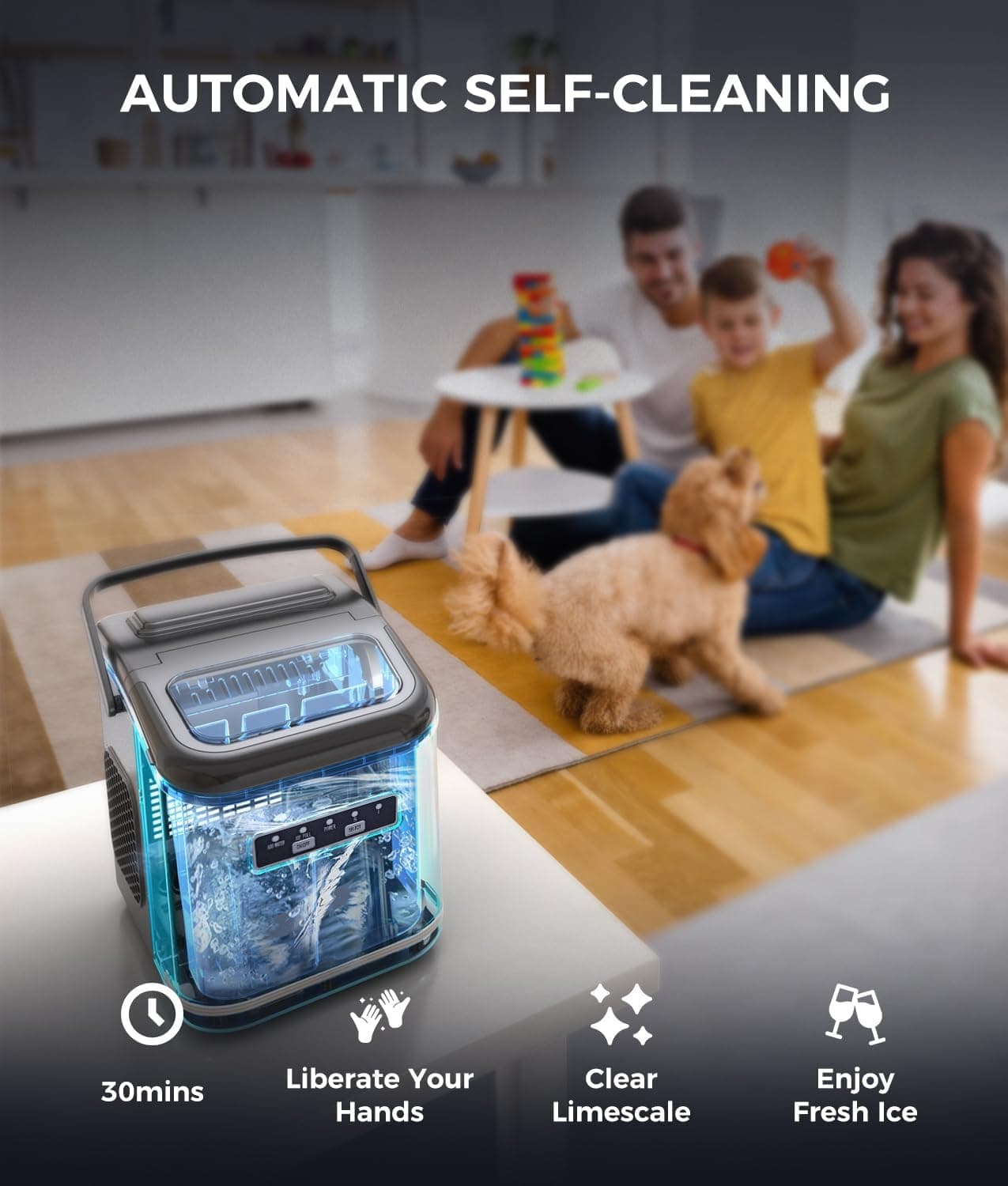 Ecozy 台面冰块机，便携式，自清洁，6分钟制成9个子弹冰块，24小时产冰26磅，带冰袋、手柄、立式铲和篮子，黑色，IM-BS261C 煤灰色 - Image 4