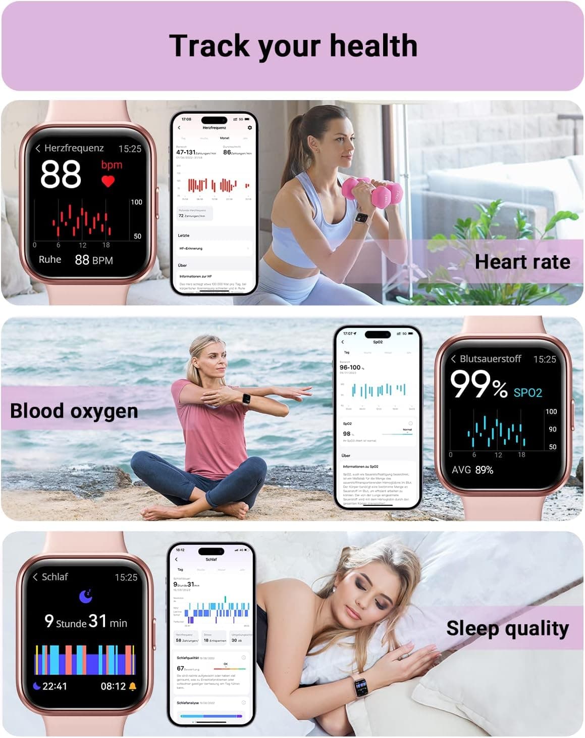 Smart Watch for Women Android & iPhone, Alexa Built-in, 1.8" Touch Screen Fitness Tracker with Answer/Make Calls, IP68 Waterproof Heart Rate/Sleep/SpO2 Monitor, Pedometer, 100+ Sport Modes Pink 1.8 - Image 5