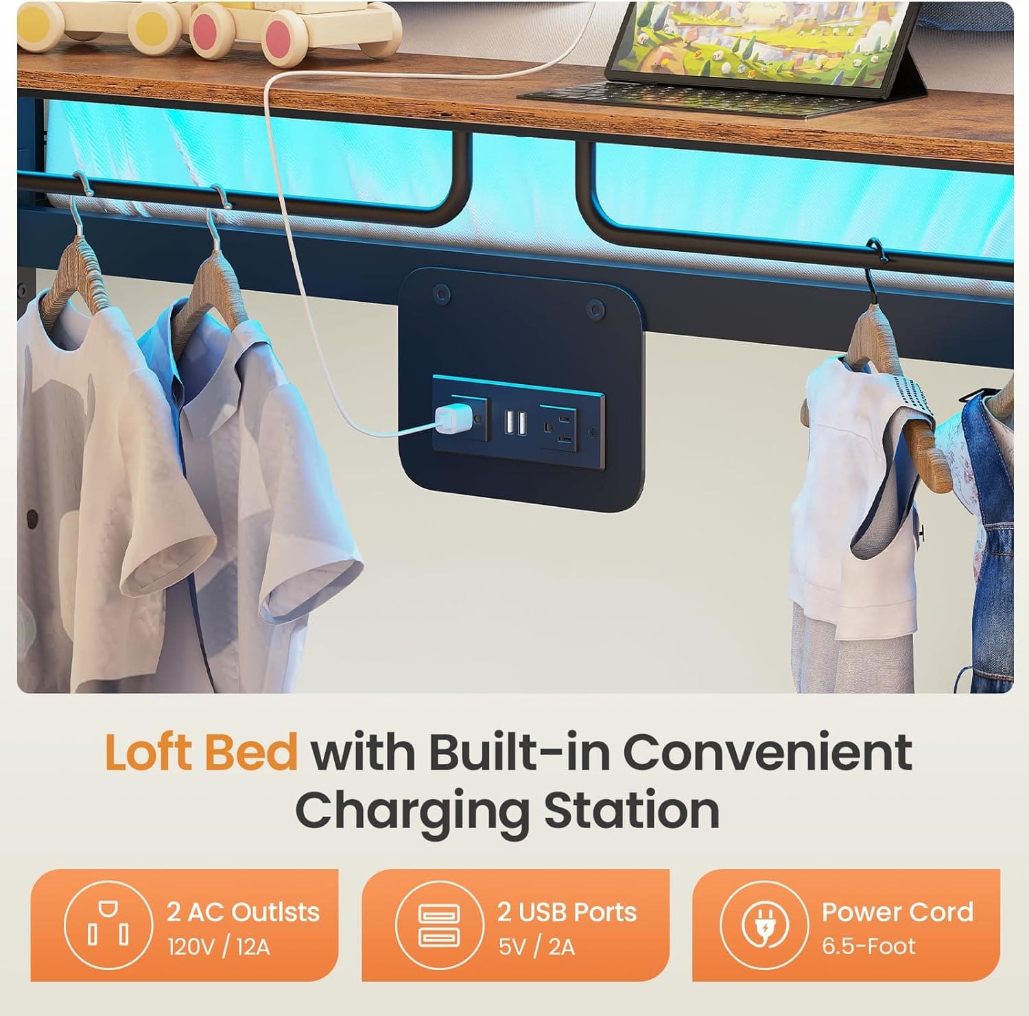 Itaar Metal Bunk Bed Twin Over Twin with Hall Tree, Power Outlet, LED Bunk Bed with 4 Storage Drawers, Bed with Safety Guardrail & Ladders, No Box Spring Needed, Easy Assembly, Rustic Brown Twin Rustic Brown - Image 6