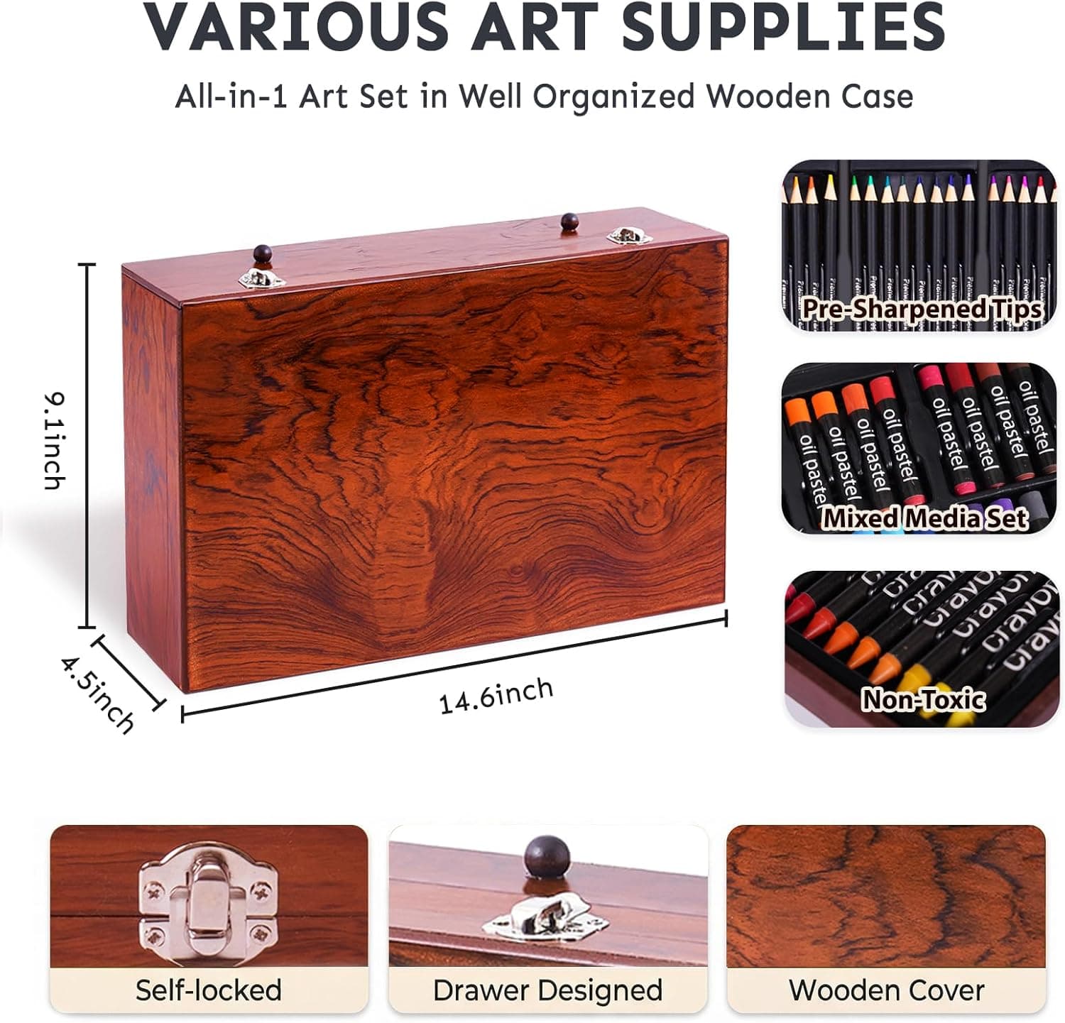 Color More Art Supplies, 175-Pack Deluxe Art Set Drawing Painting Kit with 2 Drawing Pads, Acrylic Paints, Colored Pencils, Crayons, Art Kit in Wooden Case, Gift for Artist, Adults, Teens and Kids Cherry - Image 7