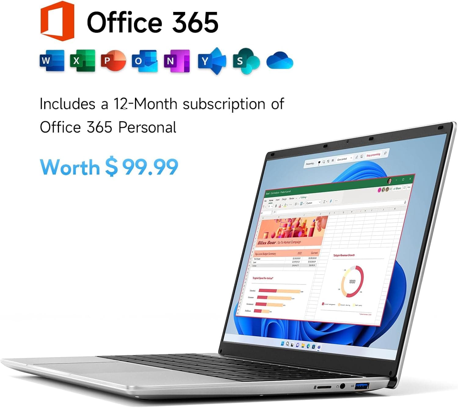 15.6 Inch Laptop with Office 365, 4GB RAM, 128GB Storage Expandable 1TB, 5205U Processor, HD Display, Windows 11 Laptops Computer, Wi-Fi 5, BT4.2, Numpad, Type-C, for Business and Students. 4GB DDR4 128GB SSD 1.9GHz Celeron 5205U - Image 5