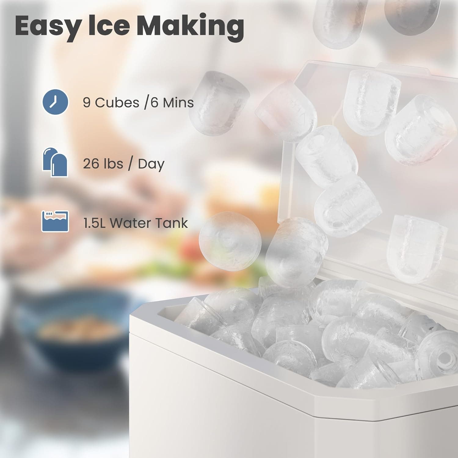 DUMOS Countertop Ice Maker, Portable 1.5L Ice Machine with Self-Cleaning, 26.5lbs/24H Fast Ice Making, 9 Bullet Ice Cubes in 6 Mins, 2 Size Options, Quiet Compact Ice Maker, Bright White Bright White 26.5Lbs/24H - Image 4