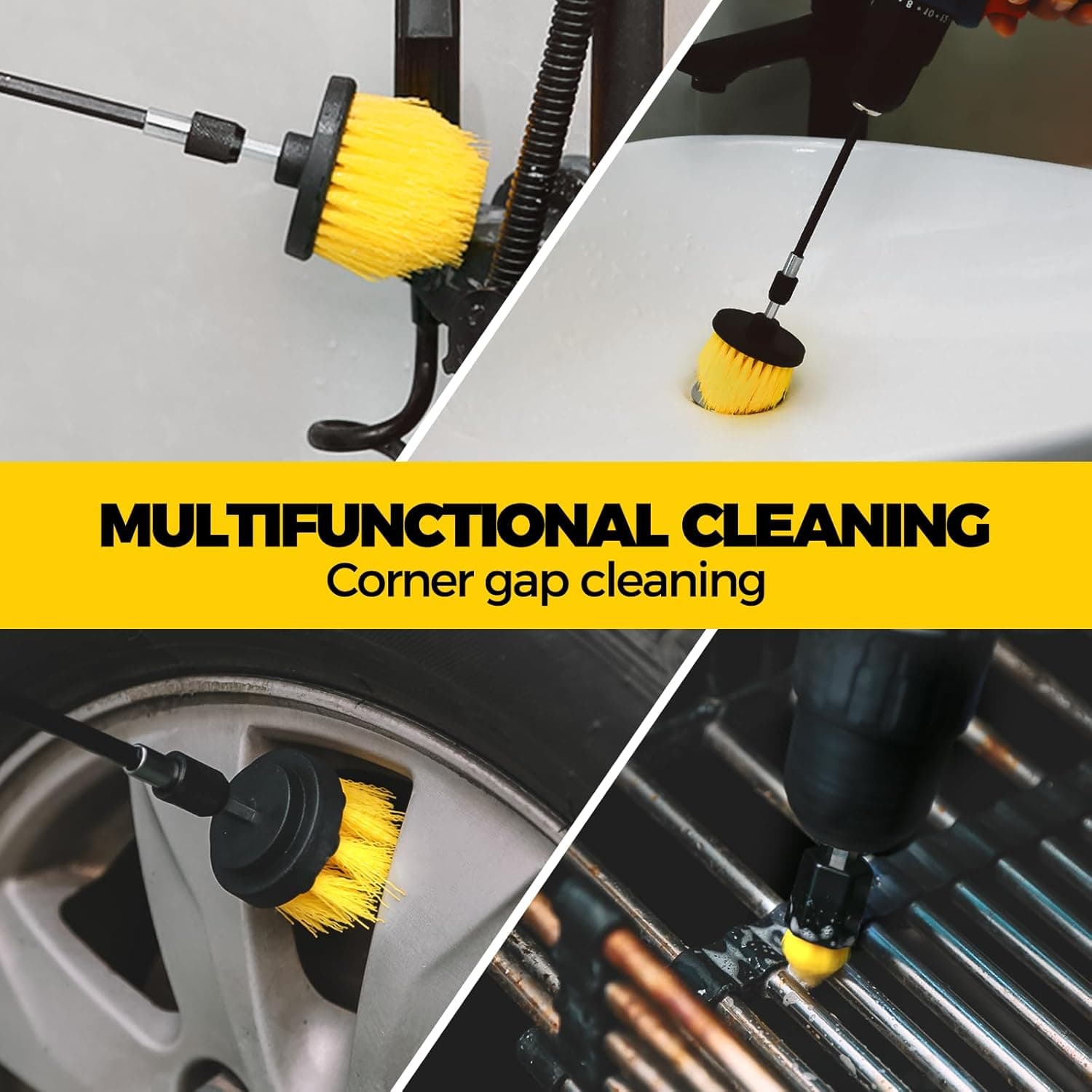 Holikme 6Pack Drill Brush Power Scrubber Cleaning Brush Extended Long Attachment Set All Purpose Drill Scrub Brushes Kit for Grout, Floor, Tub, Bathroom and Kitchen Surface,Scratch Brushes（Yellow） - Image 3