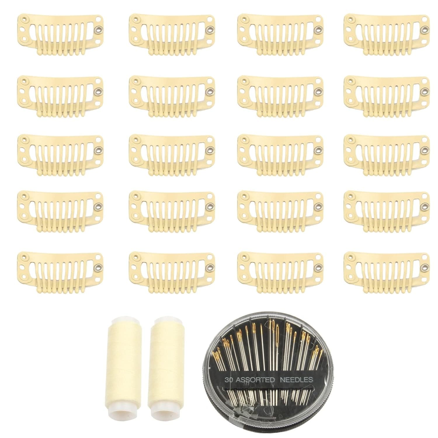 30pcs 9 Teeth Stainless Steel Snap Comb Wig Clips, Hair Extension Clips, Wig Accessories Clip with 30 Assorted Sewing Needles and 2 Rolls Thread (Beige) Beige 9-Teeth 30pcs - Image 2