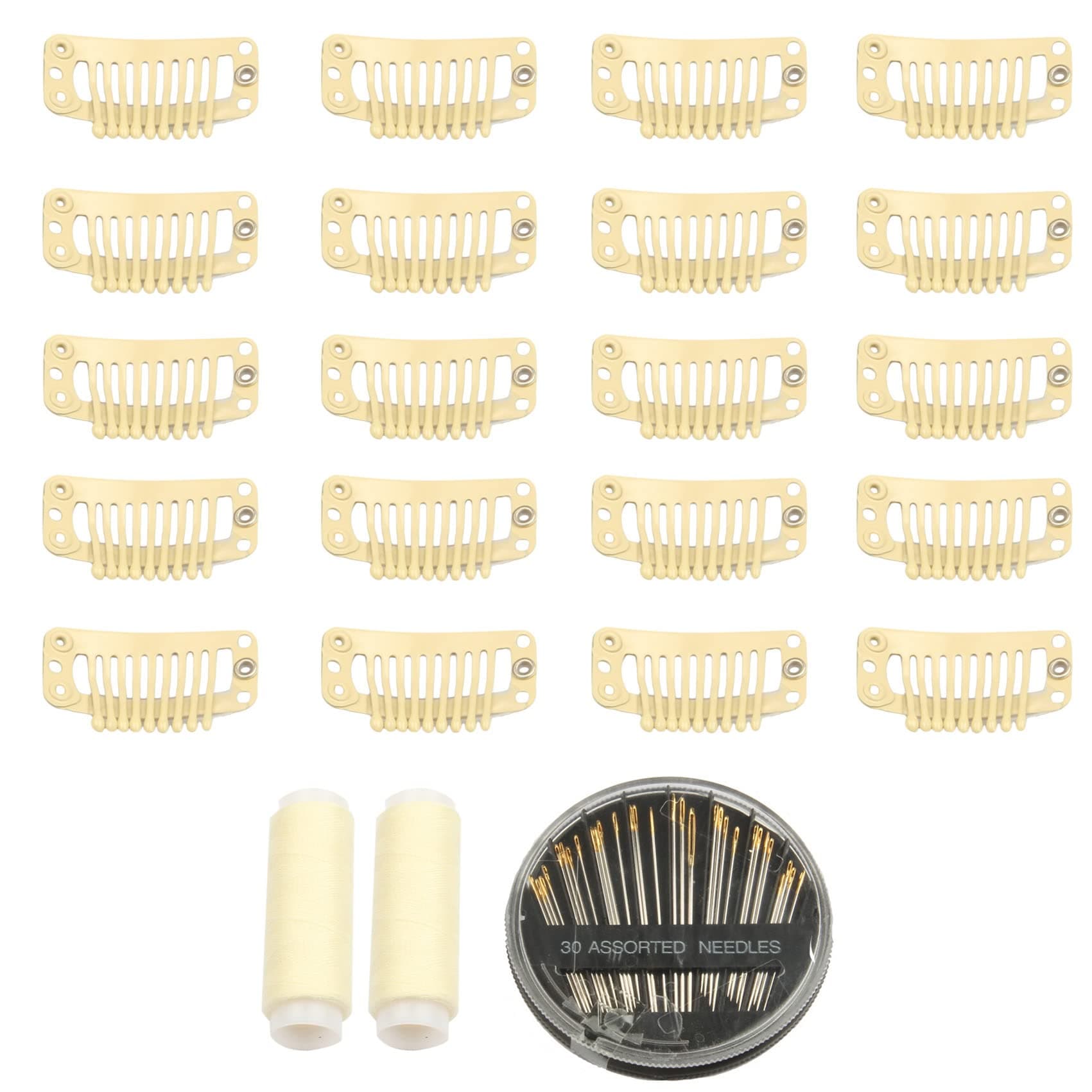 30pcs 9 Teeth Stainless Steel Snap Comb Wig Clips, Hair Extension Clips, Wig Accessories Clip with 30 Assorted Sewing Needles and 2 Rolls Thread (Beige) Beige 9-Teeth 30pcs