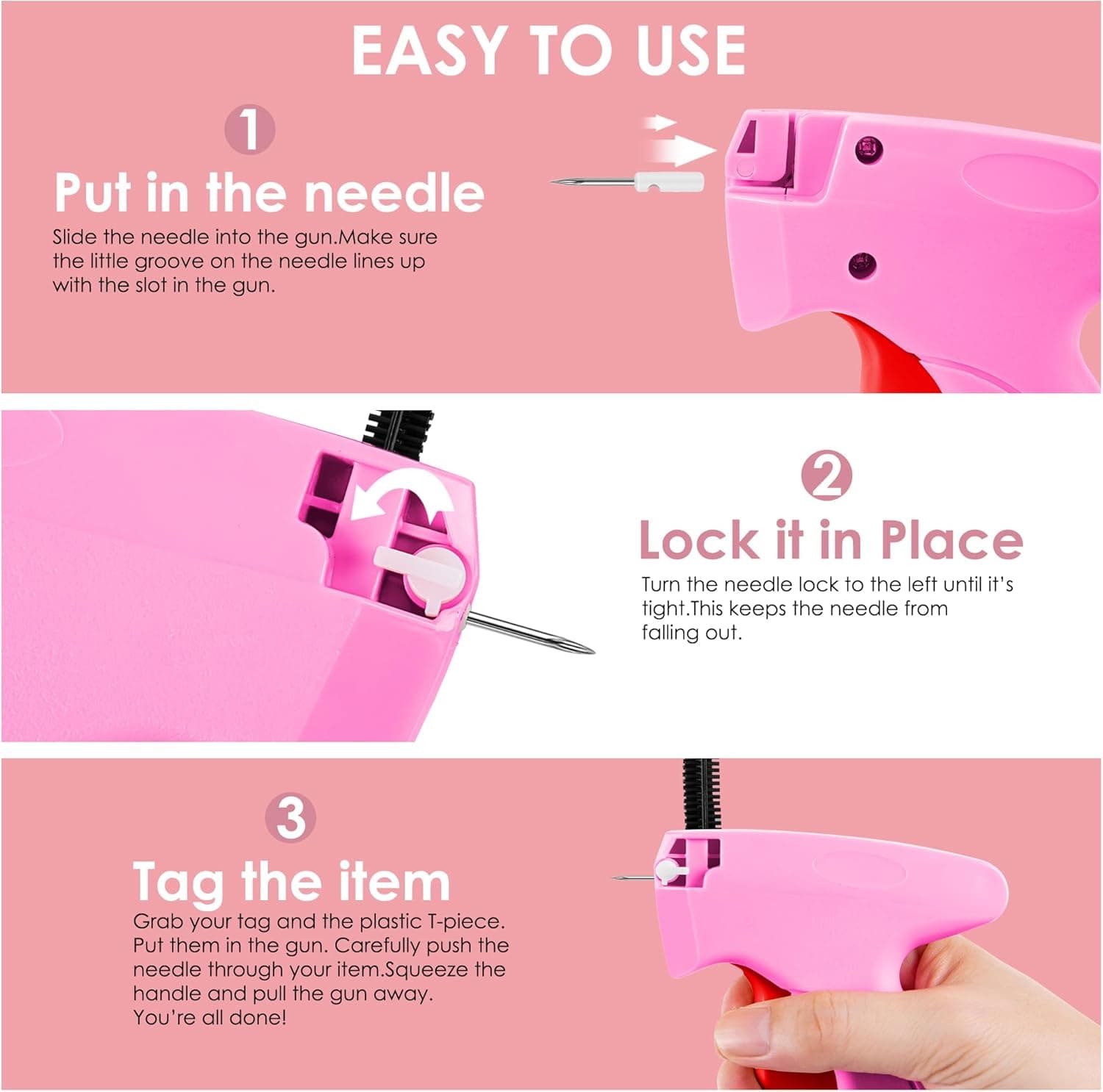 Pistola de Puntadas para Ropa - Pistola de Etiquetas Portátil Rápida para Arreglos de Ropa - Pistola de Etiquetado - Kit de Costura Incluye 6 Agujas, 1000 Sujetadores Negros y 1000 Sujetadores Blancos (Negro-Naranja) Rosa-Rojo - Image 4