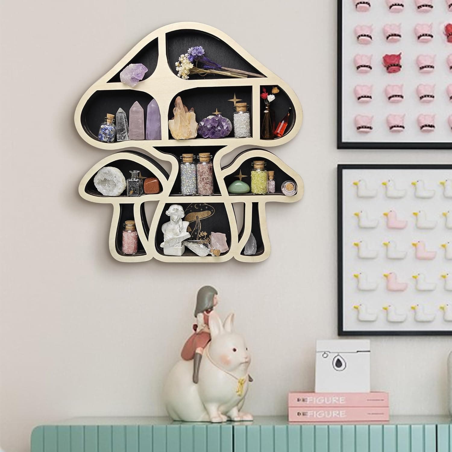 Wooden Mushroom Floating Shelves, Crystal Display Shelf for Wall, Cute Mushroom Wall Decor, Rock Gem Stone Storage Organizer, Essential Oil Holder Hanging Case, Meditation Art Spiritual Gift 3 Mushrooms - Image 8