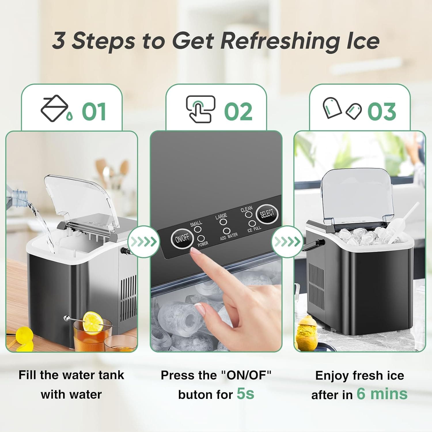 DUMOS Countertop Ice Maker with Handle, 26lbs/24H Portable Ice Machine, 9 Bullet Cubes Ready in 6 Mins, Self-Cleaning, Quiet Compact for Home, Kitchen, RV, Camping, Bright Black Bright Black Handle-26.5Lbs/24H - Image 4
