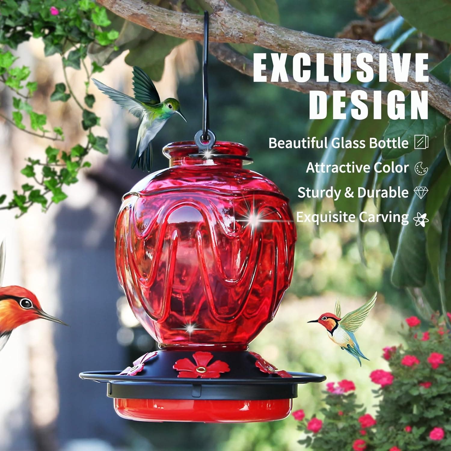 Glass Hummingbird Feeder for Outdoors Hanging, 24Ozs Humming Bird Nectar Feeder w/Perch, 5 Flower Feeding Ports, Leak Proof Base and Hook for Outside Garden Backyard Decor, Gifts for Women Mom, Red - Image 3