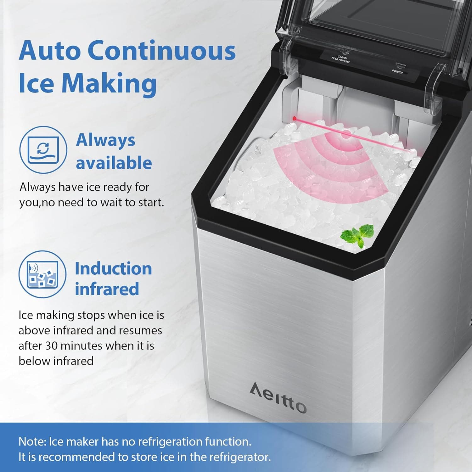 Aeitto Nugget Ice Maker Countertop, 55lbs/24H Ice Machine with 3.6L Water Tank&3.2Lbs Ice Basket, Self-Cleaning Pebble Ice Maker with Stainless Steel Housing for Home Office and Party, Silver Silver 55lbs - Image 6