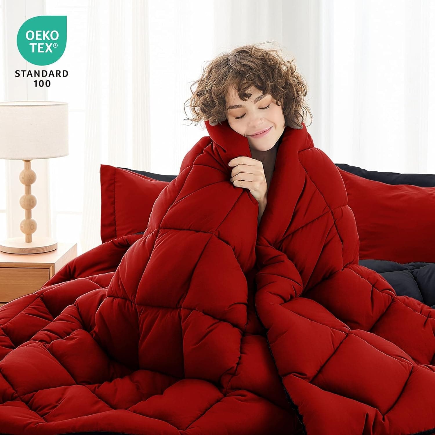 MUXHOMO 7 Pieces Queen Comforter Set, Reversible Bed in a Bag Queen Size, All Season Bedding Set with Comforter, Flat Sheet, Fitted Sheet, Pillowcases & Shams, Red & Black Queen (88"x88") 01 - Red/Black - Image 2