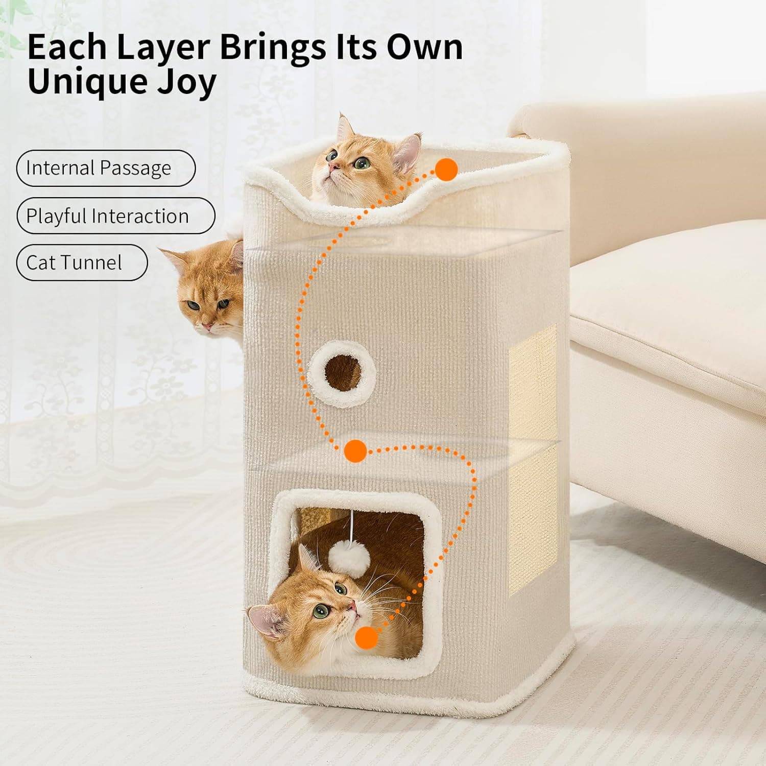 Cat Beds for Indoor Cats, Cat House 2-Story, Cat Condo with Stable Frame and Large Scratch Pad, 24'' Durable Cat Cube Playhouse with Dangling Balls, Perfect for Multiple Pets White 2-Tier Regular - Image 3