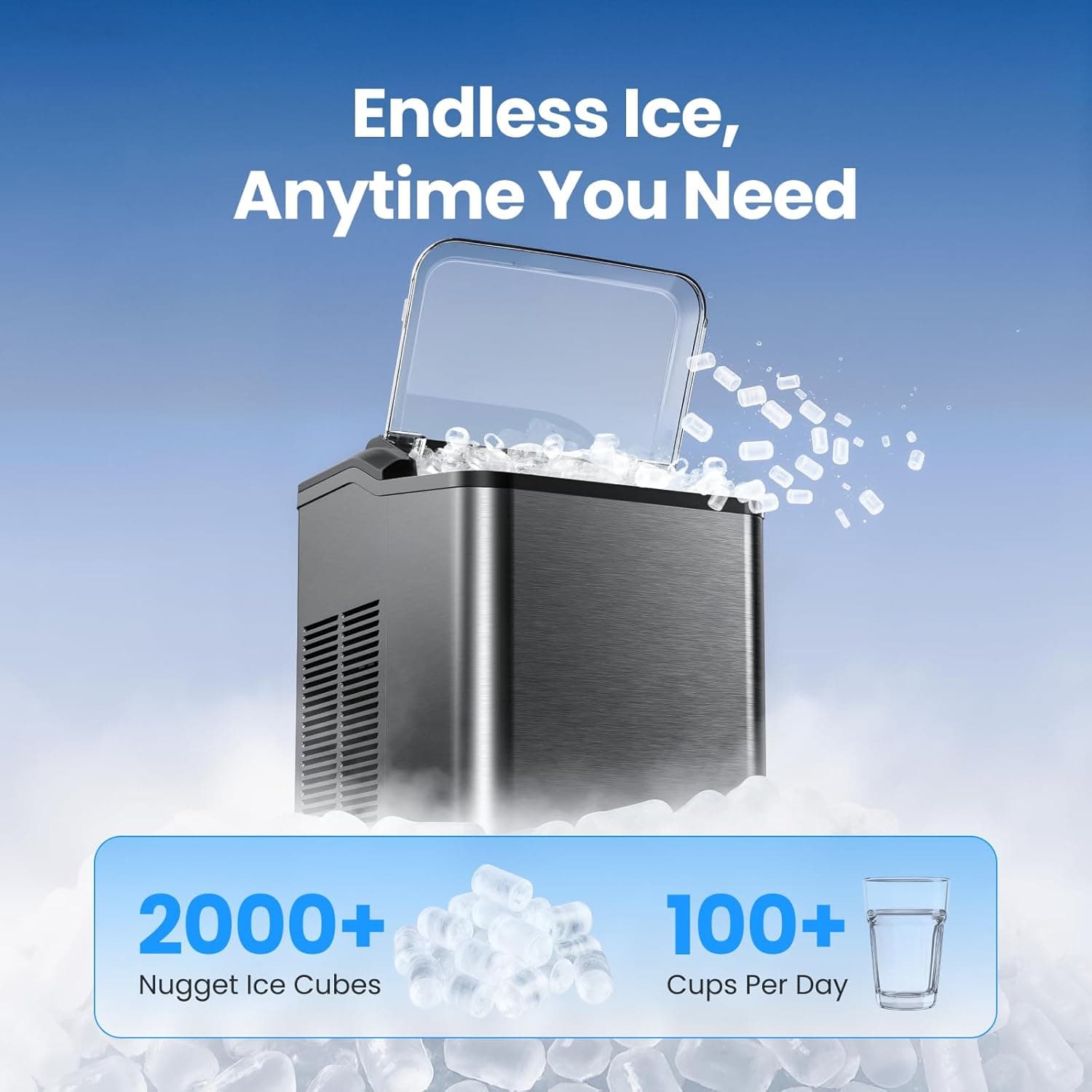 Nugget Ice Maker Countertop, 35lbs/24H Sonic & Chewable Pellet Ice, Quiet Operation, Self-Cleaning Anti-Scale System, Portable Crushed Ice Machine, Premium Stainless Steel, Ice Scoop Black - Image 6