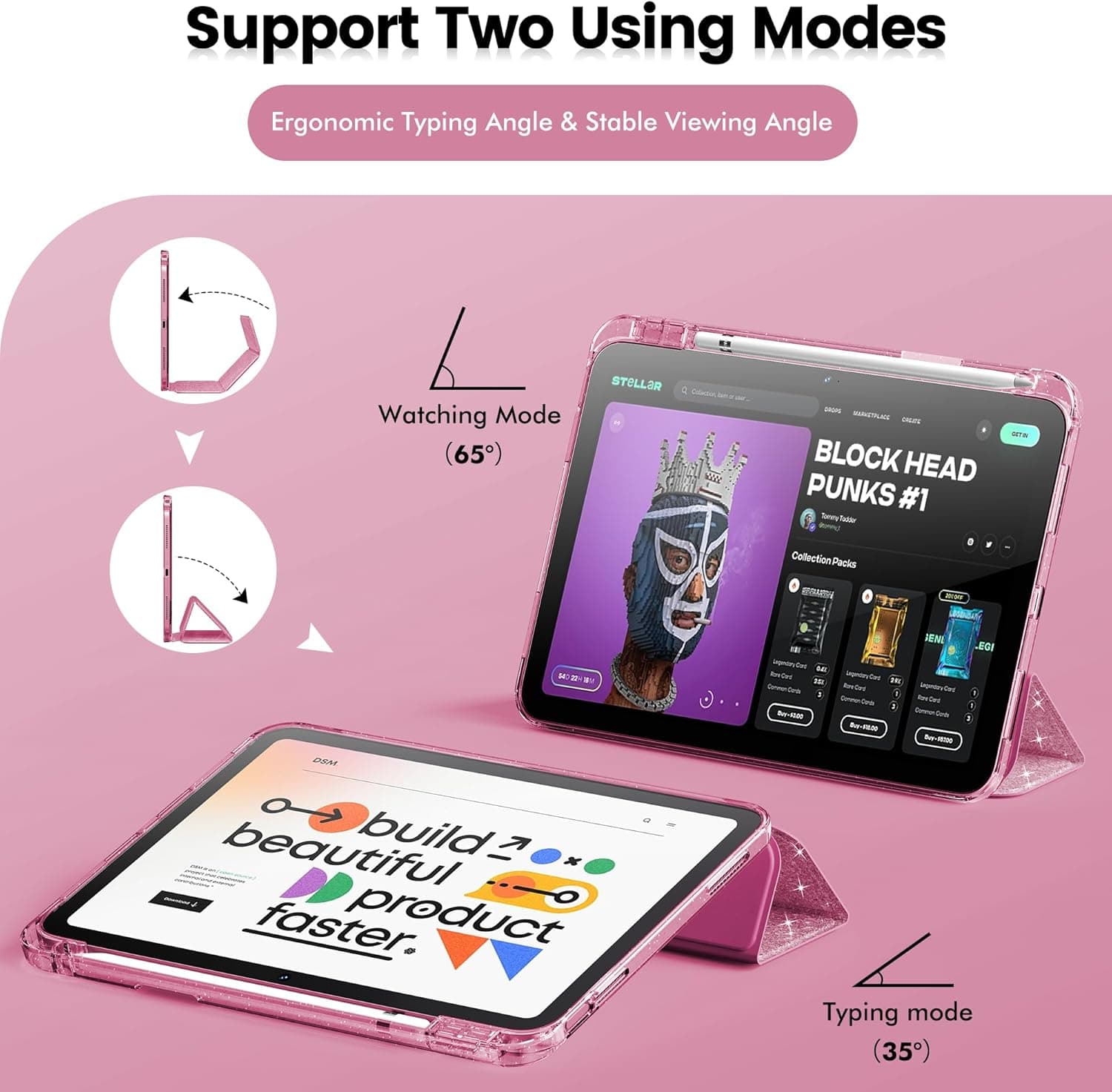 INFILAND Compatible sa iPad A16 11th Generation 11 Inch 2025 Case, iPad Case 10th Generation 10.9 Inch, Glitter Cover na may Sparkly Clear Back, Pencil Holder, para sa Mga Bata na Babae (Rose Pink) - Image 8