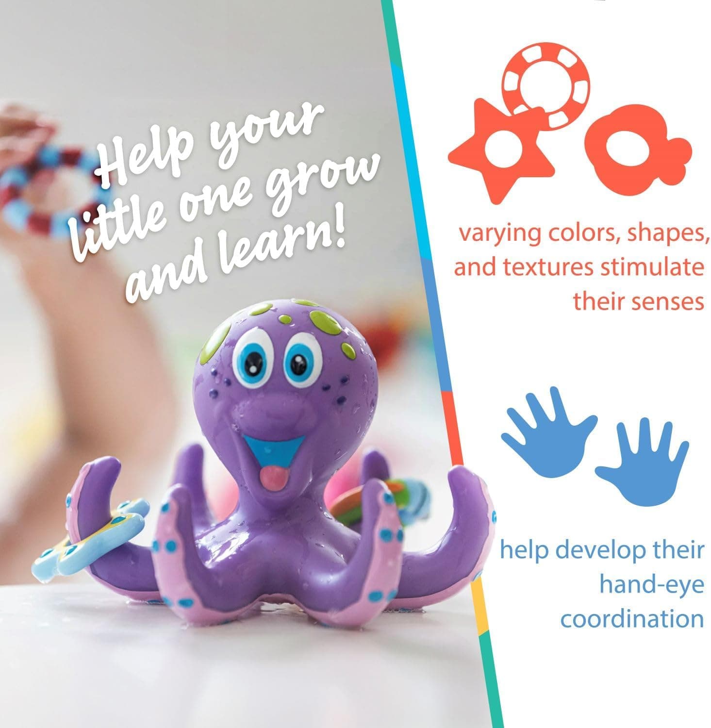 Nuby Floating Octopus with 3 Hoopla Rings - Baby & Toddler Bath Toy - No Hole Design Keeps Moisture Out - Fine Motor Skills - 18+ Months - Great Baby Pool Toys Floating Octopus with Hoopla Rings - Image 2