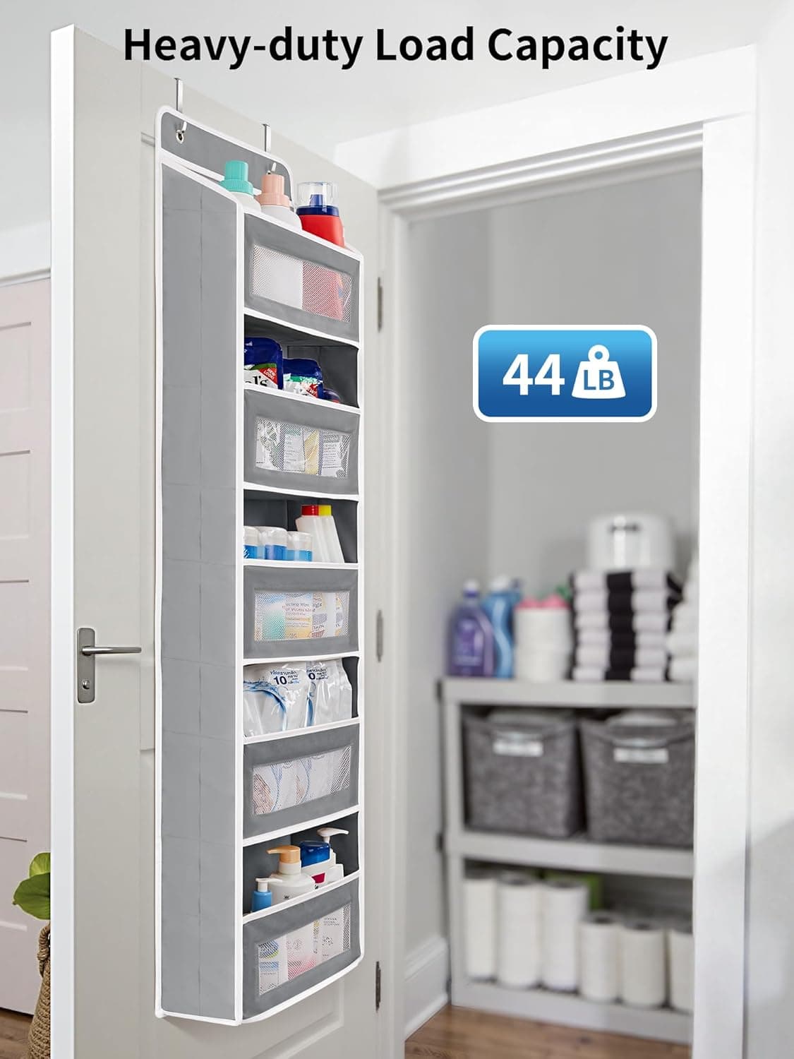 JARLINK Over The Door Organizer Storage, 5 Shelf Hanging Door Organizer with 5 Large Capacity Pockets, Anti Tilt 44 lb Load Behind Door Storage for Bedroom, Bathroom, Pantry, Nursery, (Grey) Grey 1 Pack - Image 6