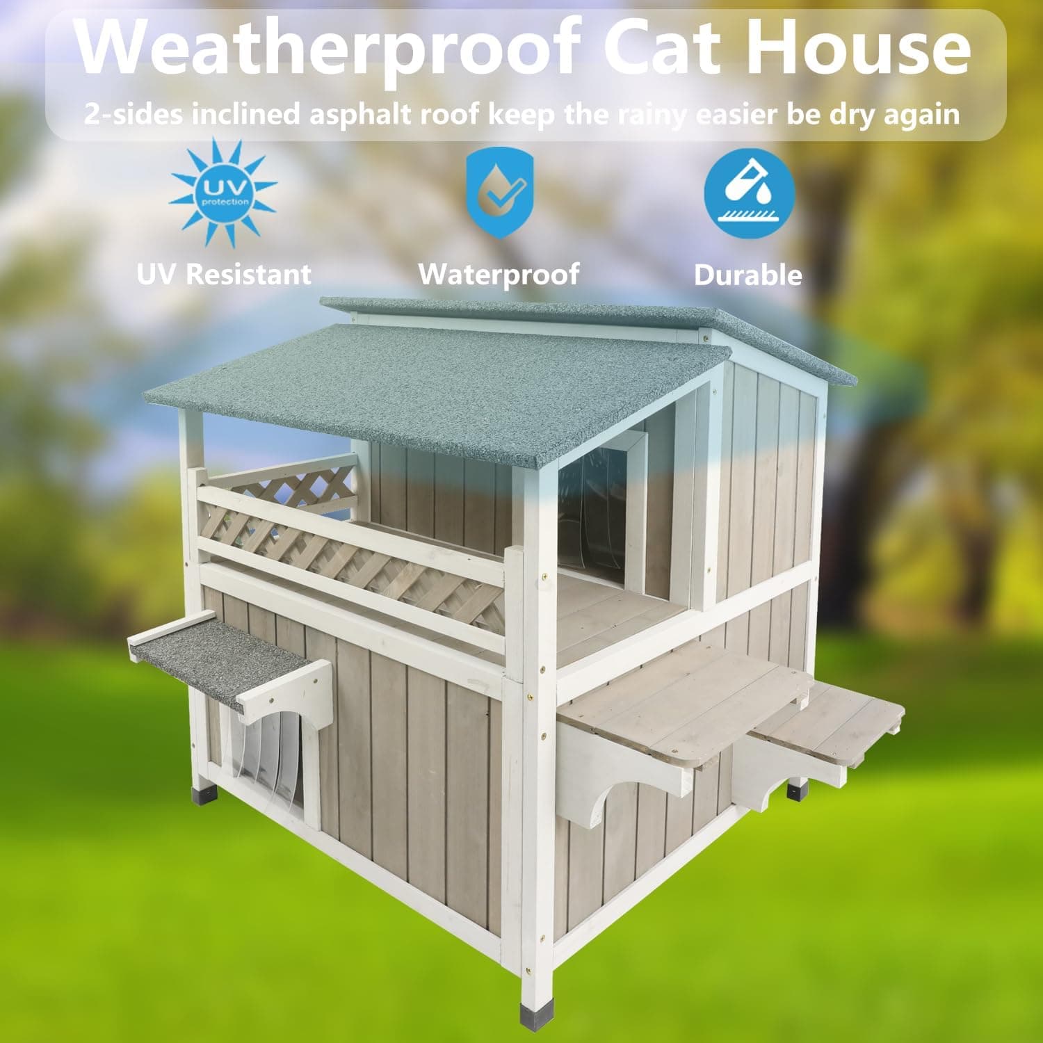 Feral Cat Shelter Outdoor Weatherproof Houses for Cats Two Story Wooden Cat House Outside Feral Cat House with Balcony Waterproof, Escape Doors Greywhite - Image 6