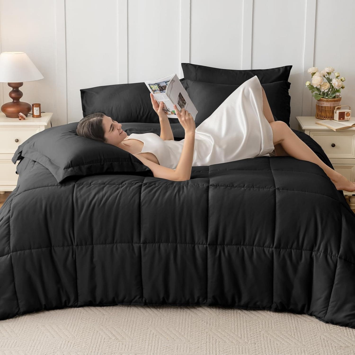 JOLLYVOGUE Queen Comforter Set, Ultra-Soft Bed in a Bag Queen Size 7 Pieces, Oeko-TEX Certified Bedding Set with Down Alternative Comforter, Sheets, Pillowcases & Shams, Black Black QUEEN(88"*88") - Image 6