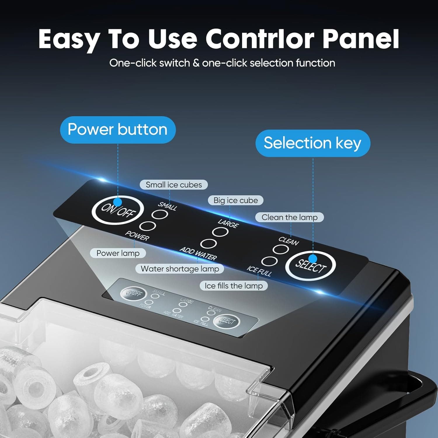 Sweetcrispy Countertop Ice Maker Machine, Portable Self-Cleaning Ice Machine with Ice Scoop, Basket and Handle, 9 Cubes in 6 Mins, 26.5lbs/24Hrs, 2 Sizes of Bullet Ice for Home Kitchen, Coal Black Black with Handle - Image 4