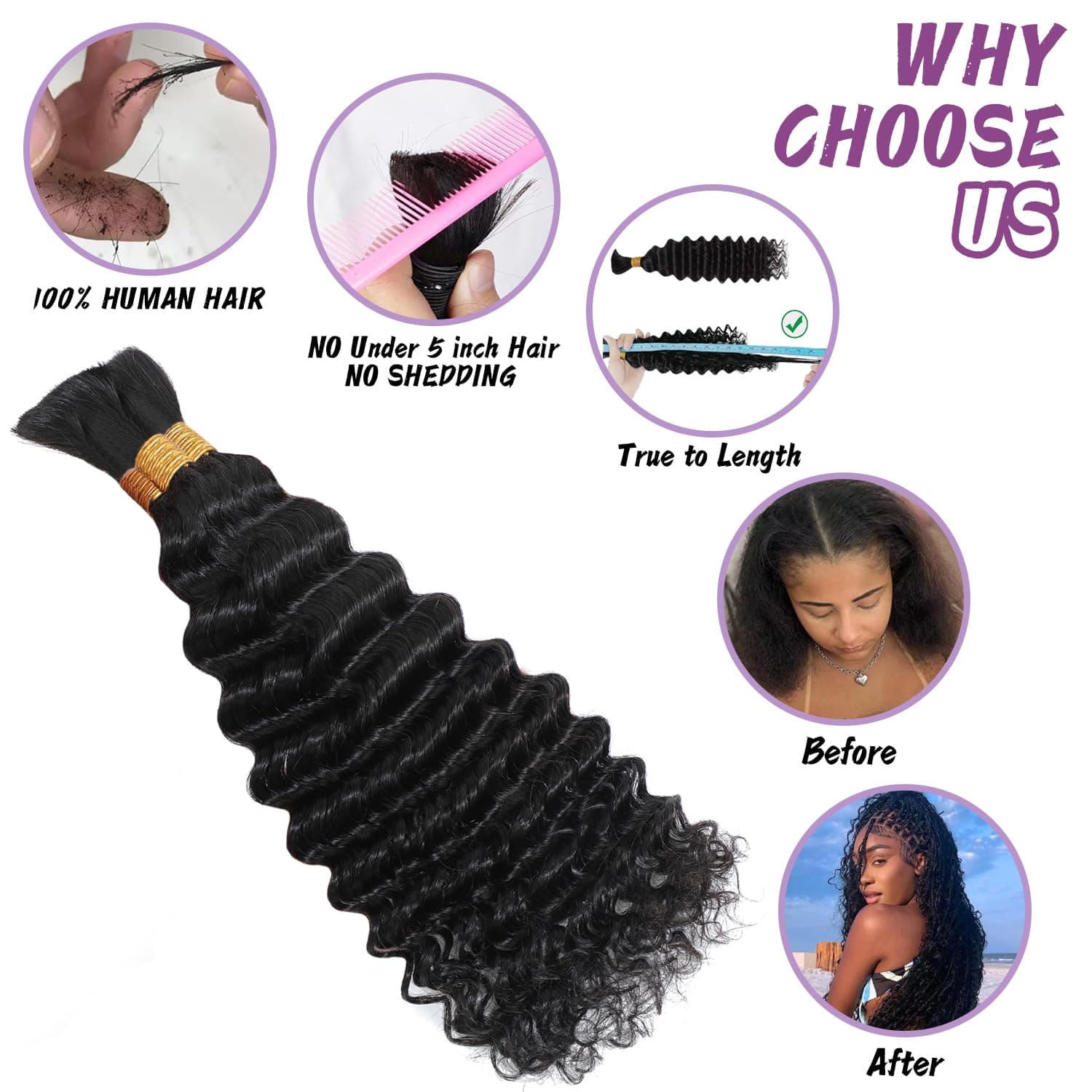 Human Braiding Hair For Boho Braids 120g Deep Wave Bulk Human Hair for Braiding Knotless 12A 100% Unprocessed Brazilian Virgin Hair Extensions Bulk Bohemian 3 Bundles Natural Color 18inch 18 Inch 1B-Natural Black - Image 5