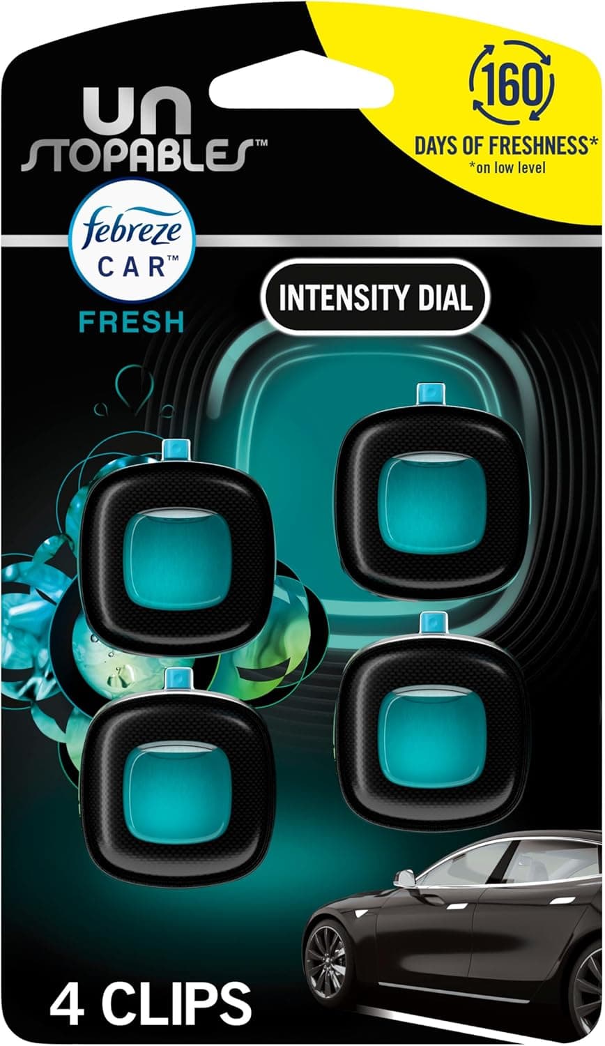 Febreze Car Air Freshener, Odor-Fighting Automotive Vent Clip, Scented Car Accessories, Long Lasting for Strong Odors, Unique Stocking Stuffer, Unstopables Fresh Scent, .07 fl oz, 4 Count UNS Fresh 0.28 Fl Oz (Pack of 1) - Image 2