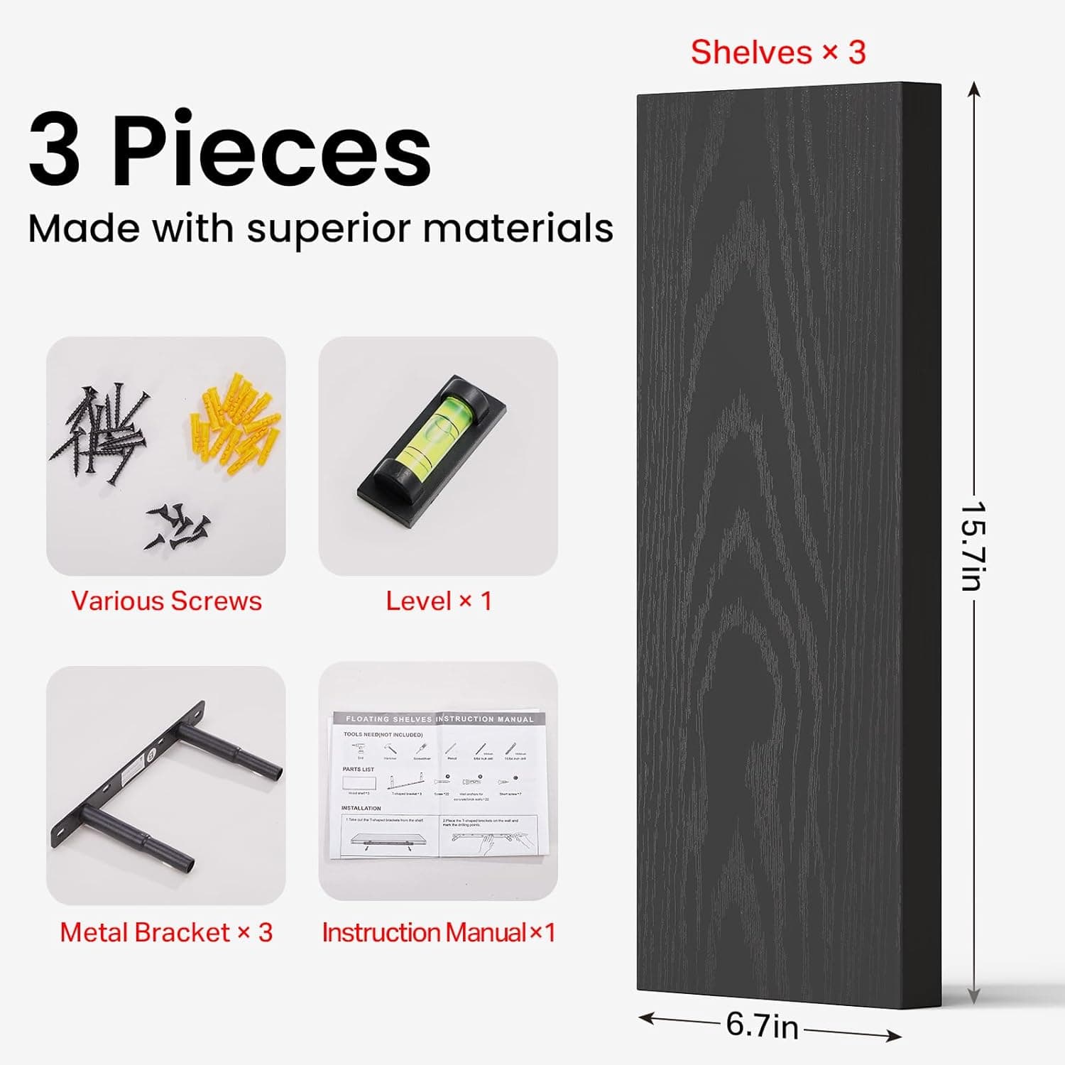 BAYKA Floating Shelves for Wall, Wall Mounted Rustic Wood Shelves for Bathroom, Bedroom, Living Room, Kitchen, Hanging Shelf for Books/Storage/Room Decor with 22lbs Capacity (Black, Set of 3, 15.7in) A. Black - Universal Classic Style 15.7inches - Image 11