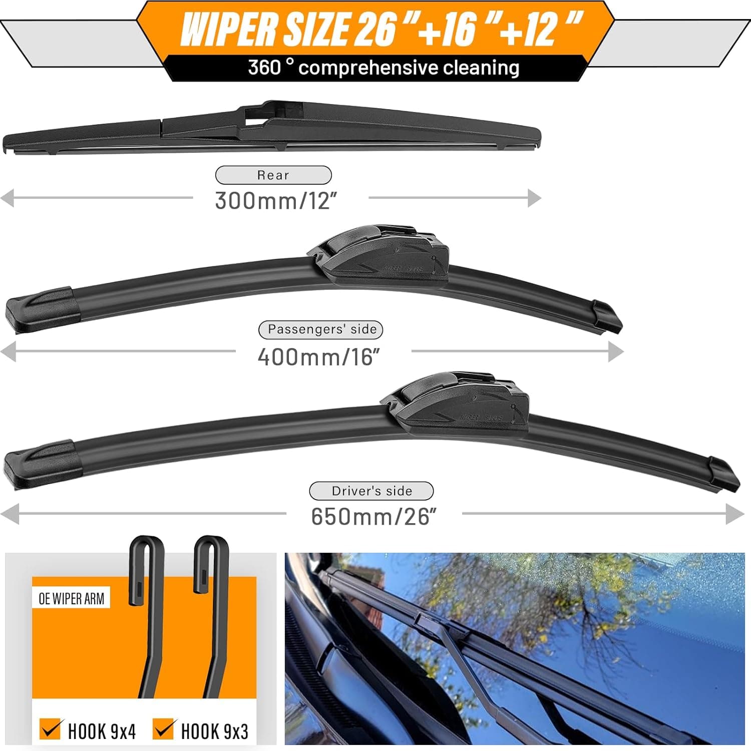 AUTOBOO 26"+16" Limpiaparabrisas con 12" Hoja de Limpiaparabrisas Trasera de Reemplazo para Toyota RAV4 2019 2020 2021 2022 2023 2024, Mazda 5 2015 2014 2013 2012 2011 2010-2006 - Calidad Original de Fábrica (Paquete de 3) 26"+16"/12" - Image 3